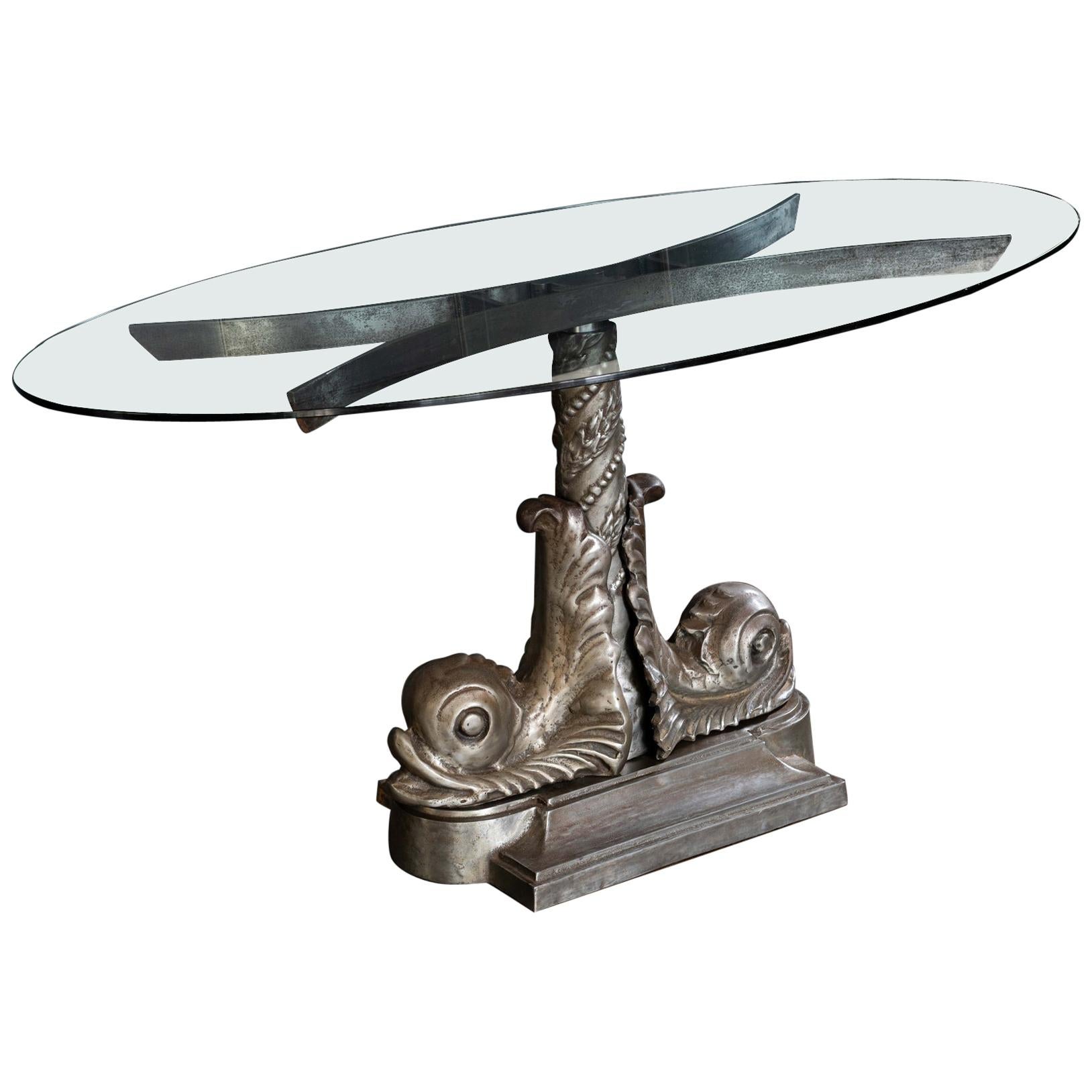 London Embankment Cast Iron Sturgeon Table with Rotating Glass Top, circa 1980s For Sale