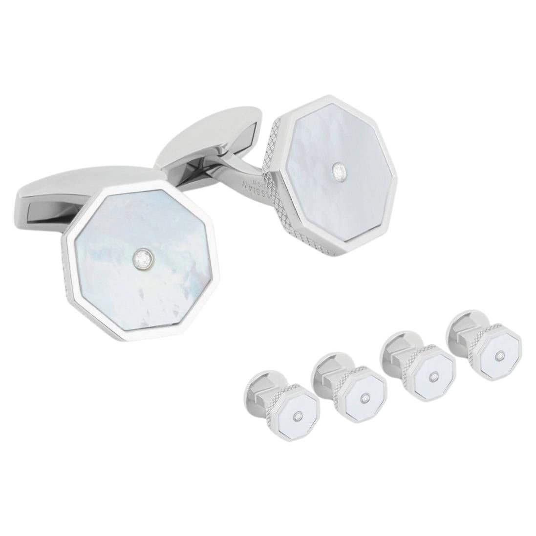 Boutons de manchette et clous d'oreilles London Eye en argent plaqué rhodium avec diamants blancs