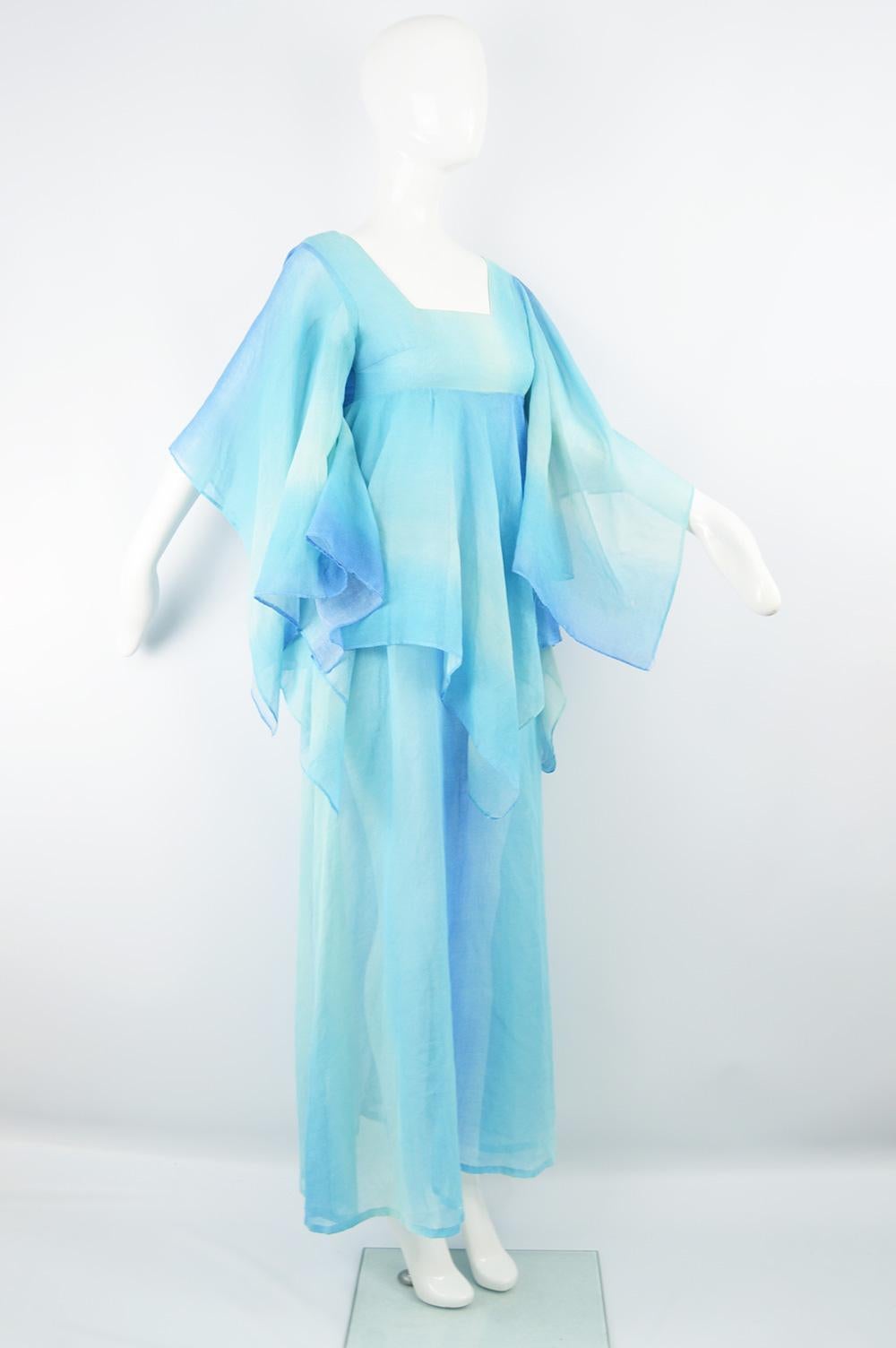 Women's London Mob of Carnaby Street 1970s Blue Ombre Cotton Voile Vintage Maxi Dress