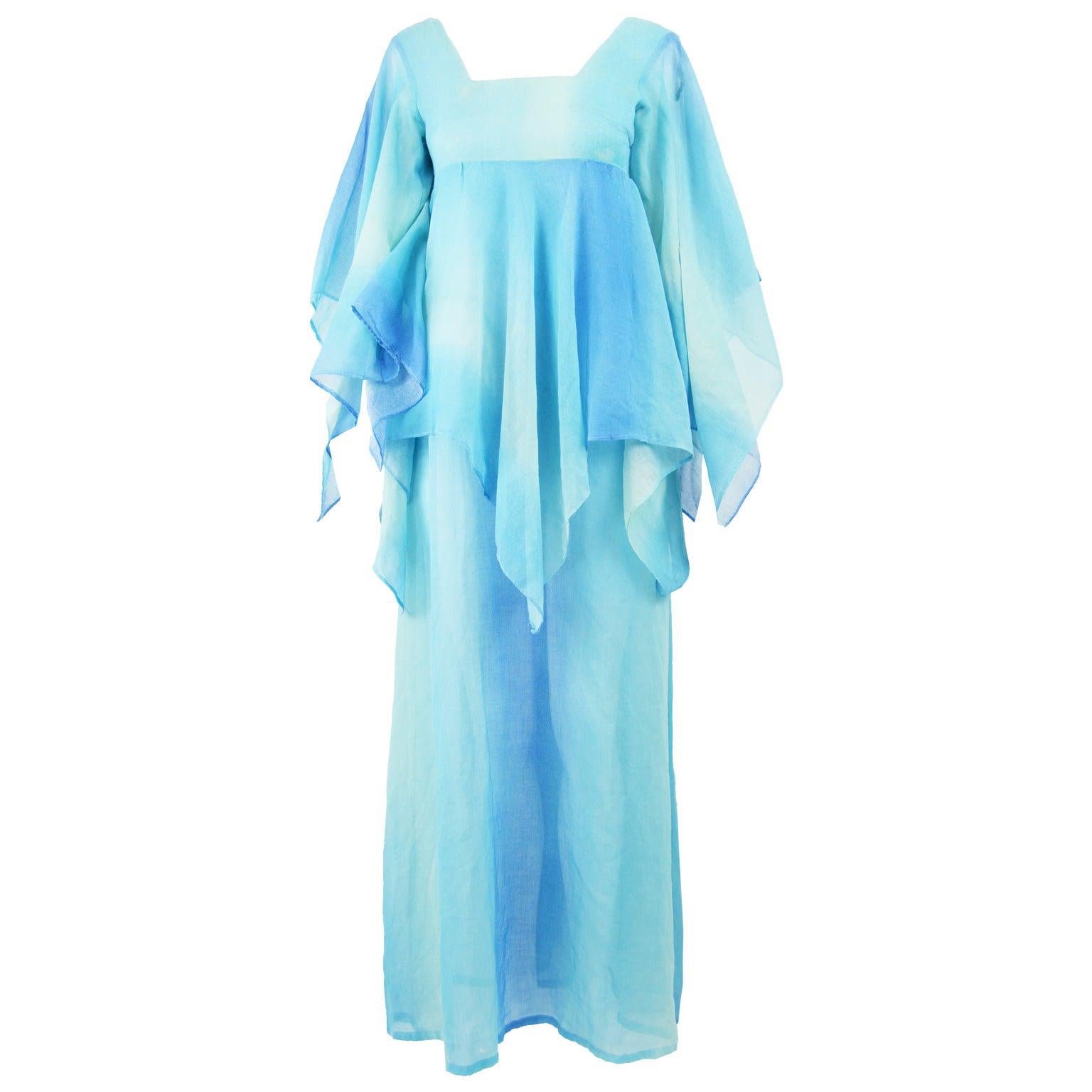 London Mob of Carnaby Street 1970s Blue Ombre Cotton Voile Vintage Maxi Dress