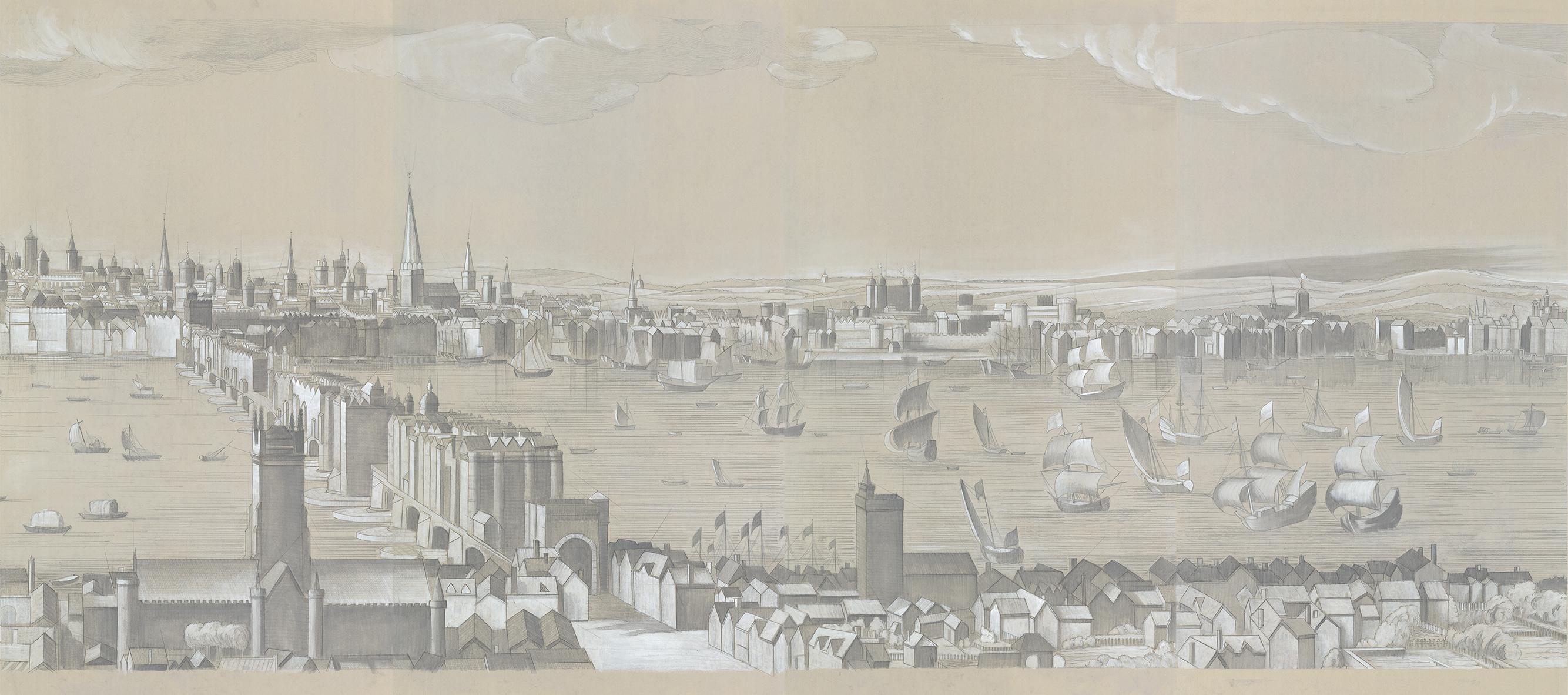 Contemporary London Skyline 1616-1939 Hand Painted Wallpaper For Sale