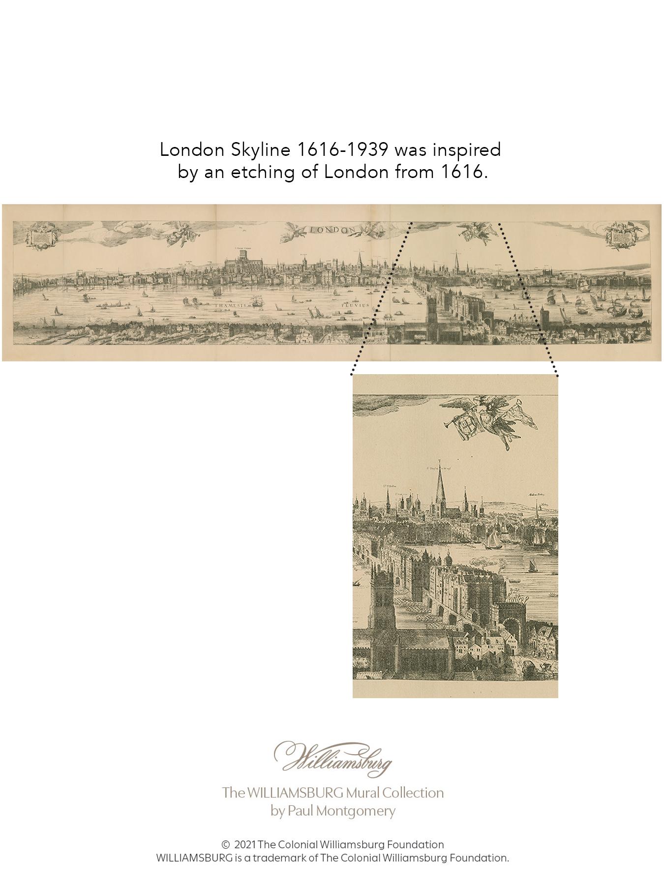 Paper London Skyline 1616-1939 Hand Painted Wallpaper For Sale