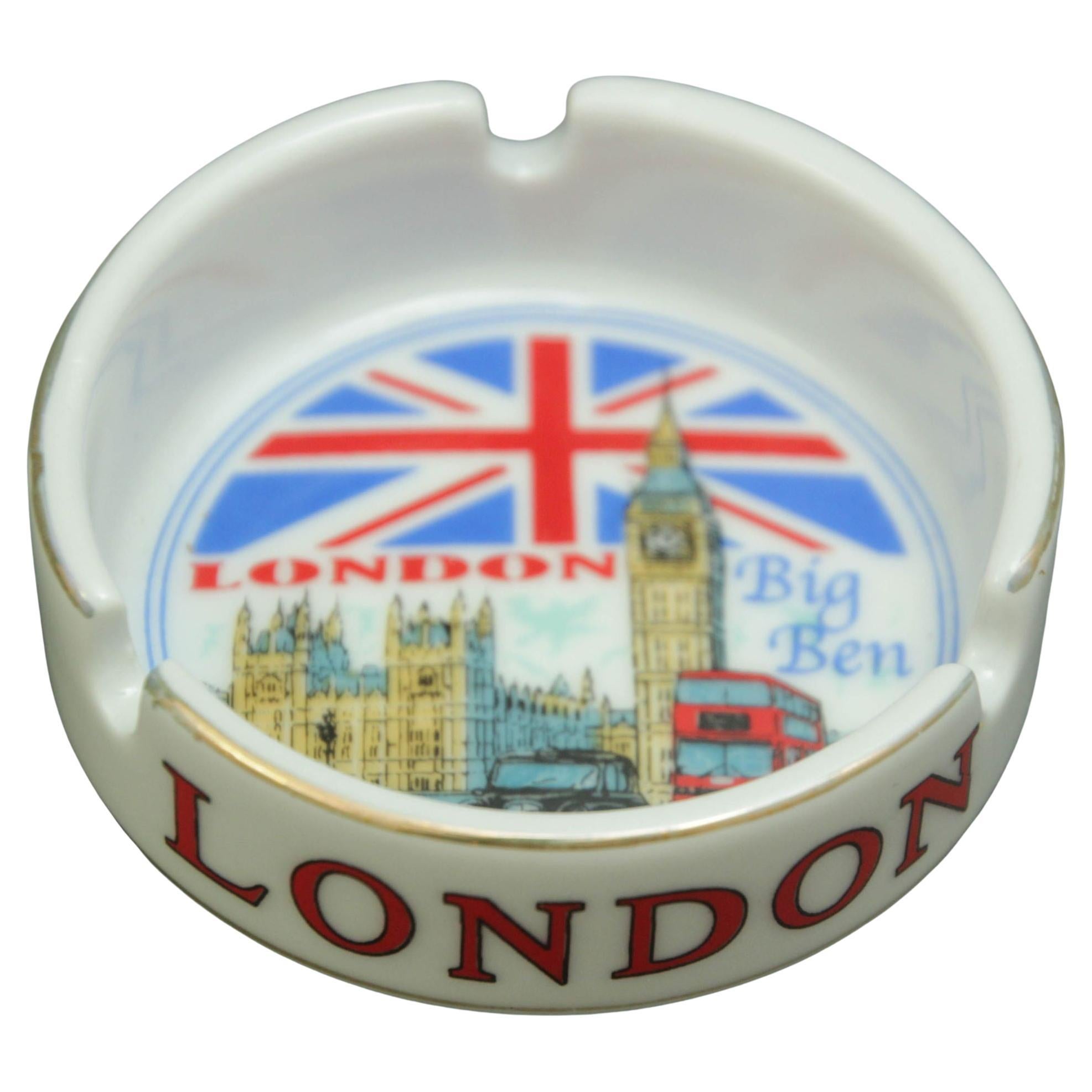 London Souvenir Porcelain Round Ashtray Dish with UK Landmarks For Sale