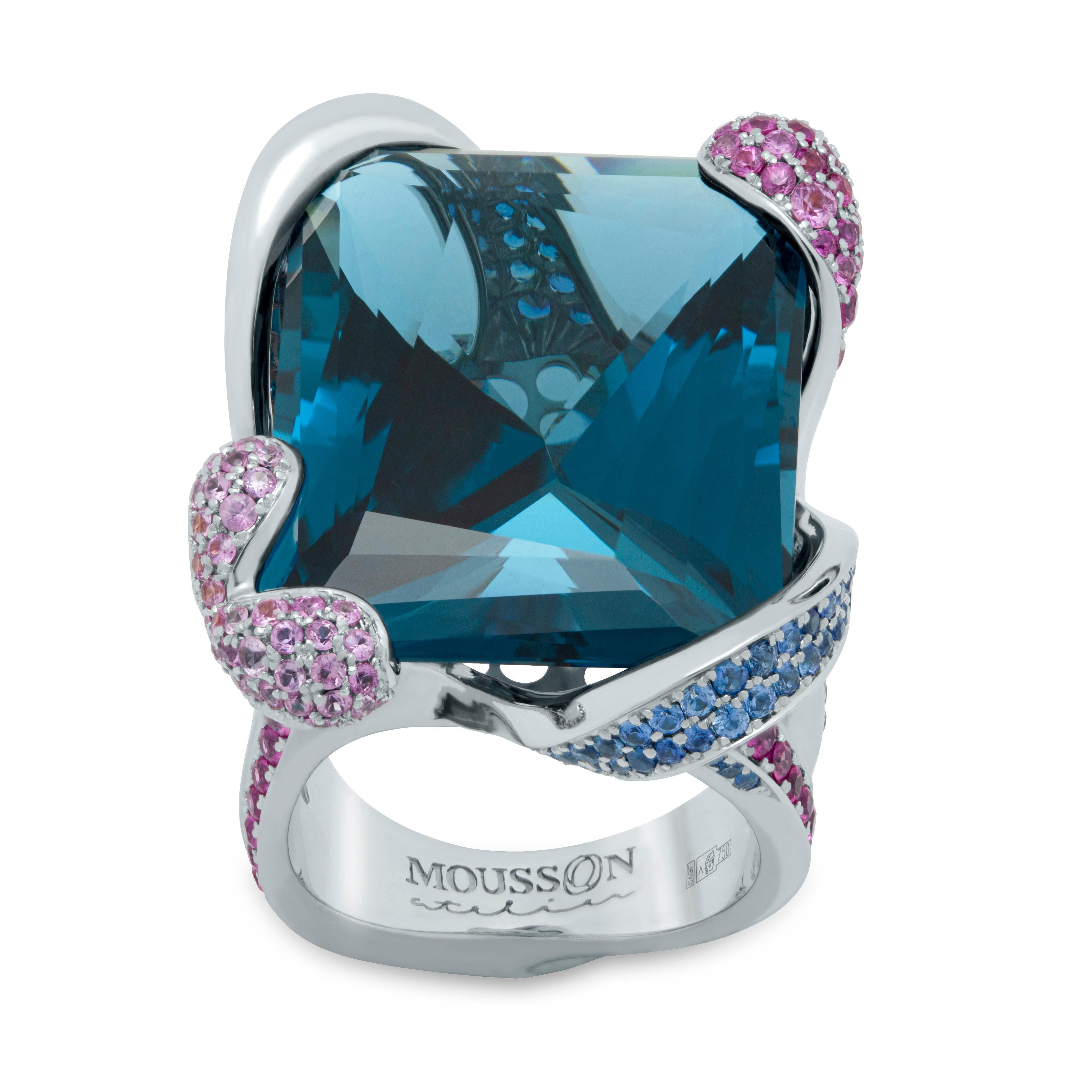 London Topaz 41.79 Carat Blue Pink Sapphires 18 Karat White Gold New Age Ring
Look at this spectacular London Topaz 41.79 Ct, 151 Pink Sapphires weighing 2.27 Carat, and 138 Blue Sapphires weighing 2.13 Carat combination. This gleaming ensemble