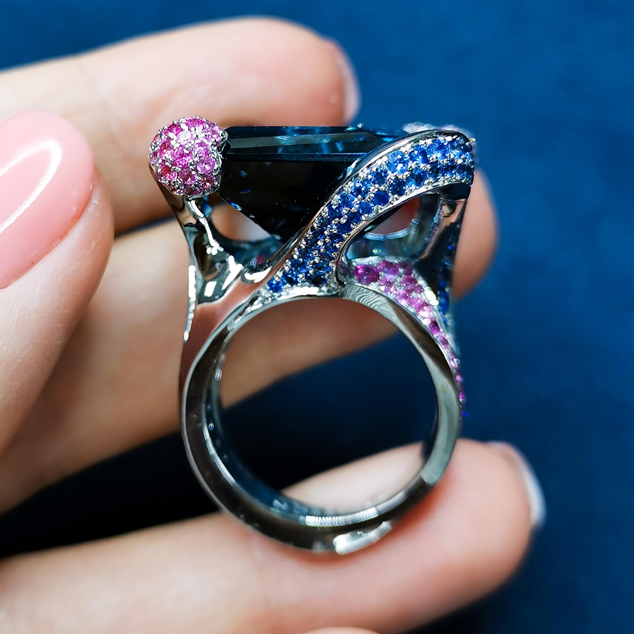 Octagon Cut London Topaz 41.79 Carat Blue Pink Sapphires 18 Karat White Gold New Age Ring For Sale