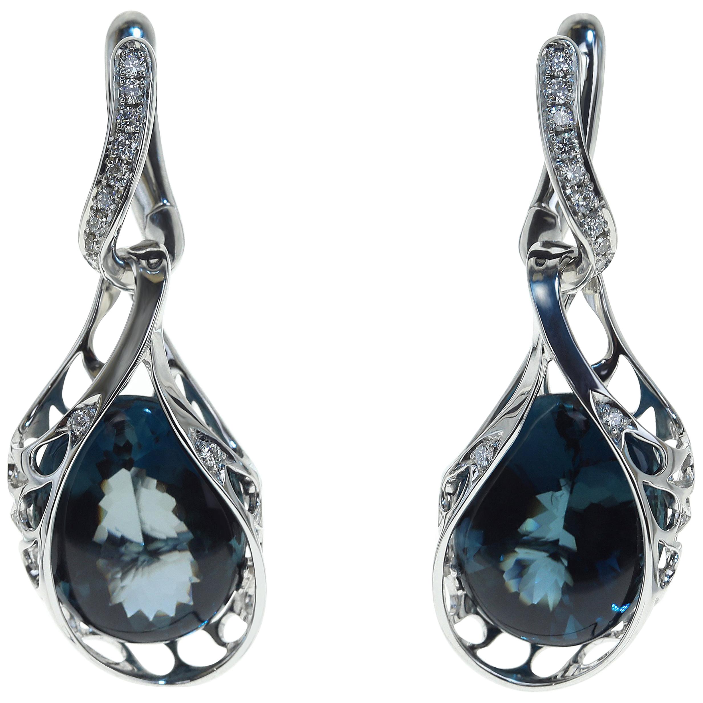 London Topaz Diamond 18 Karat White Gold Dangle Earrings