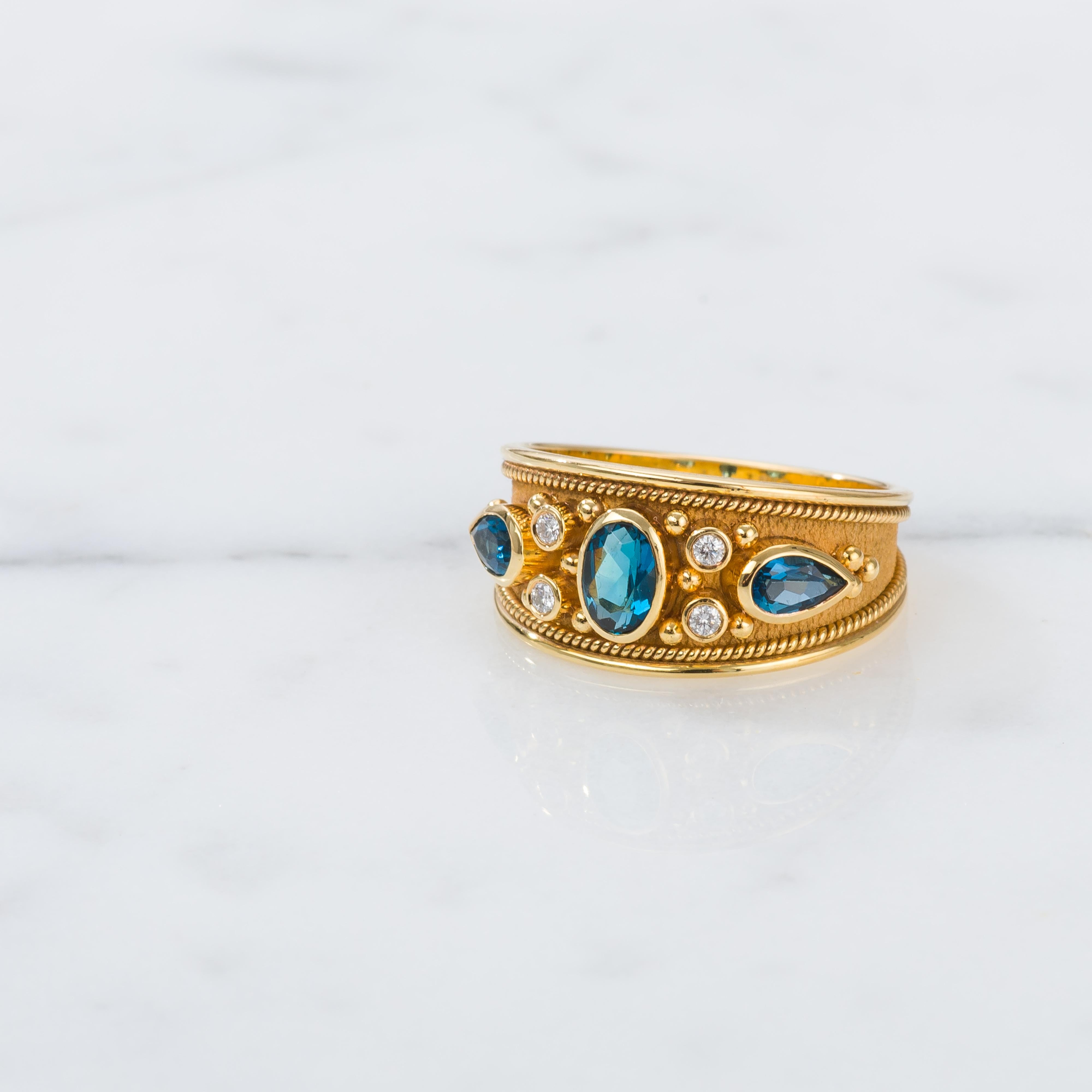 Pear Cut London Topaz Gold Byzantine Ring with Diamonds For Sale