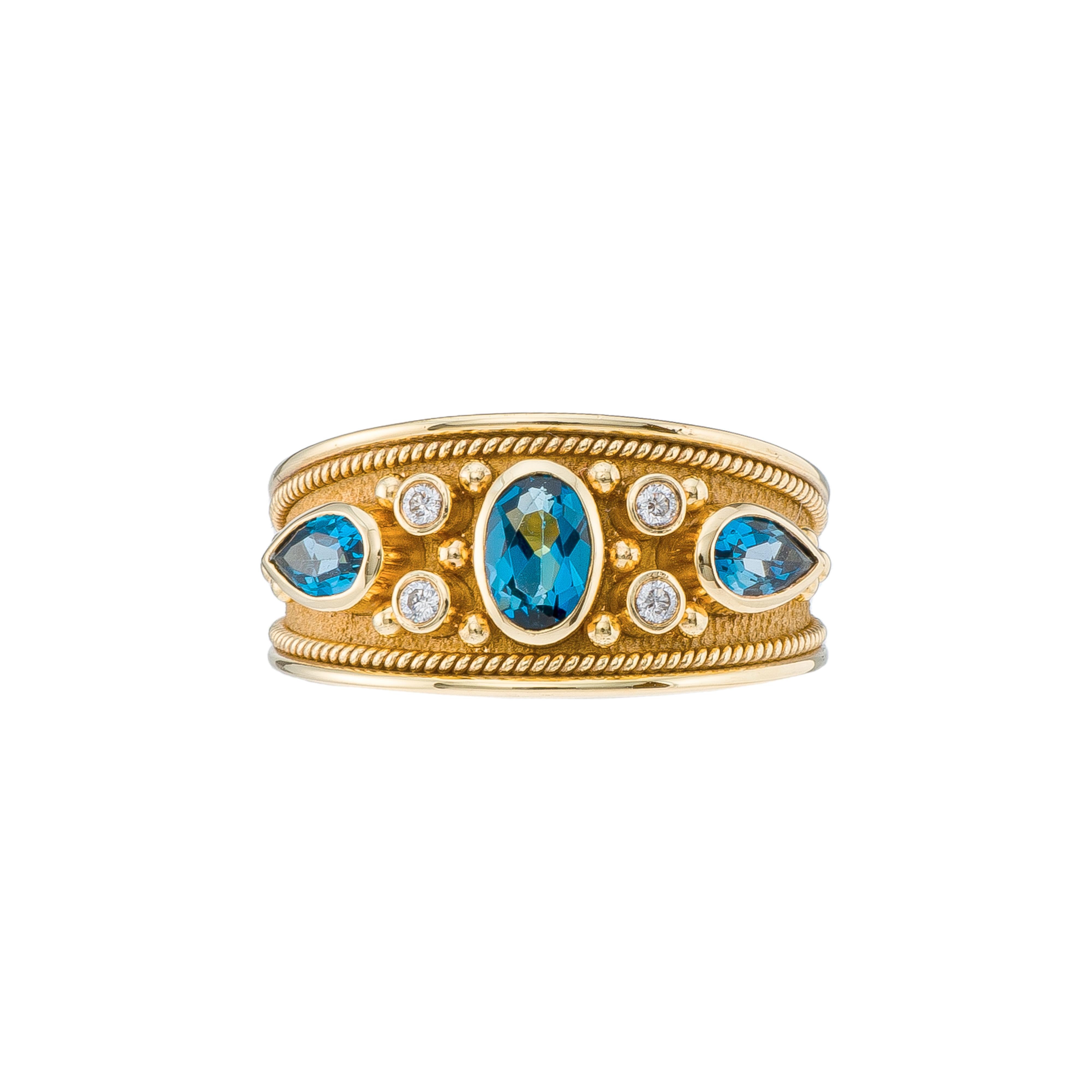 London Topaz Gold Byzantine Ring with Diamonds In New Condition For Sale In Athens, GR