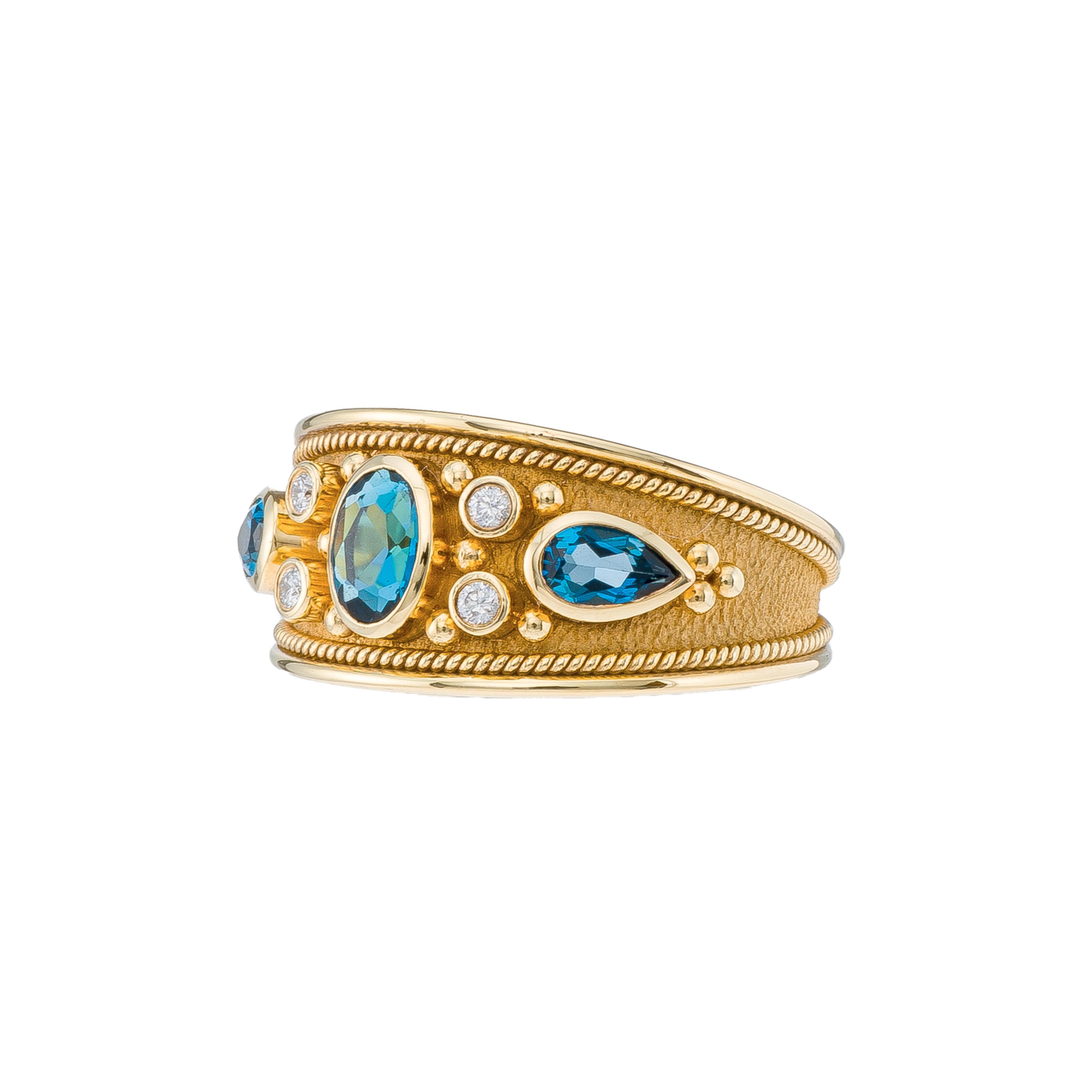 London Topaz Gold Byzantine Ring with Diamonds For Sale 1