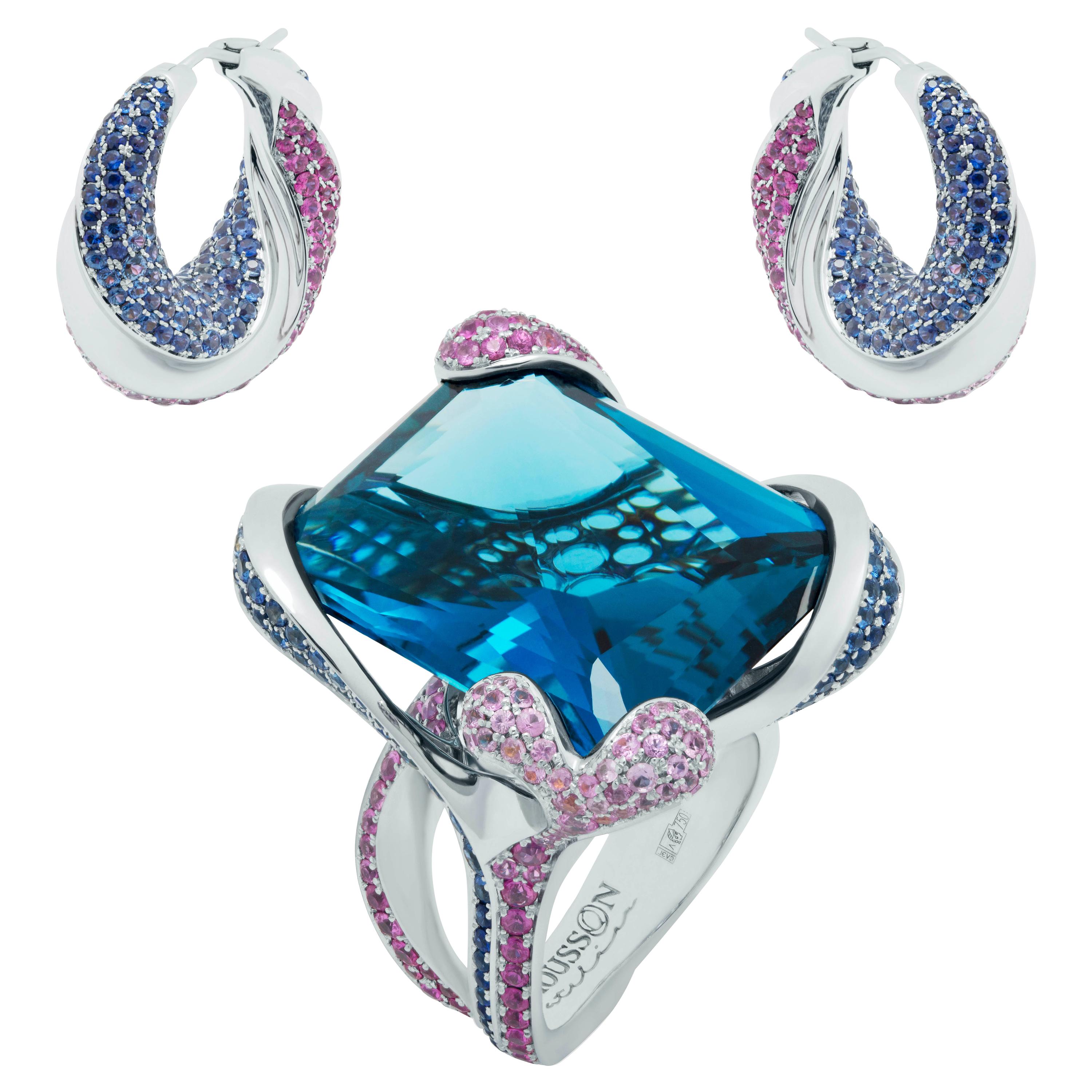 Parure London New Age en or blanc 18 carats avec topaze et saphirs roses et bleus