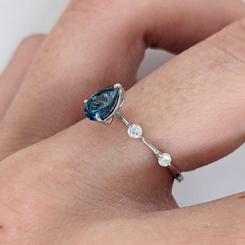 Women's London Topaz Ring w Diamond Accents in 14k Solid White Gold Pear Shape 6x4mm For Sale