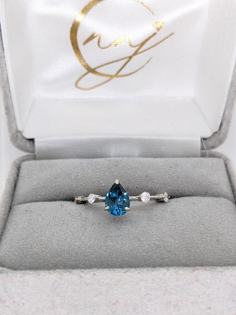 London Topaz Ring w Diamond Accents in 14k Solid White Gold Pear Shape 6x4mm For Sale 3