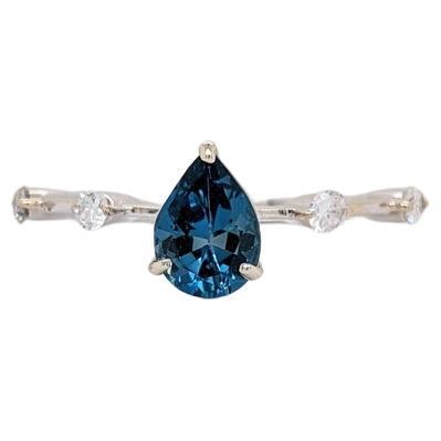 London Topaz Ring w Diamond Accents in 14k Solid White Gold Pear Shape 6x4mm For Sale