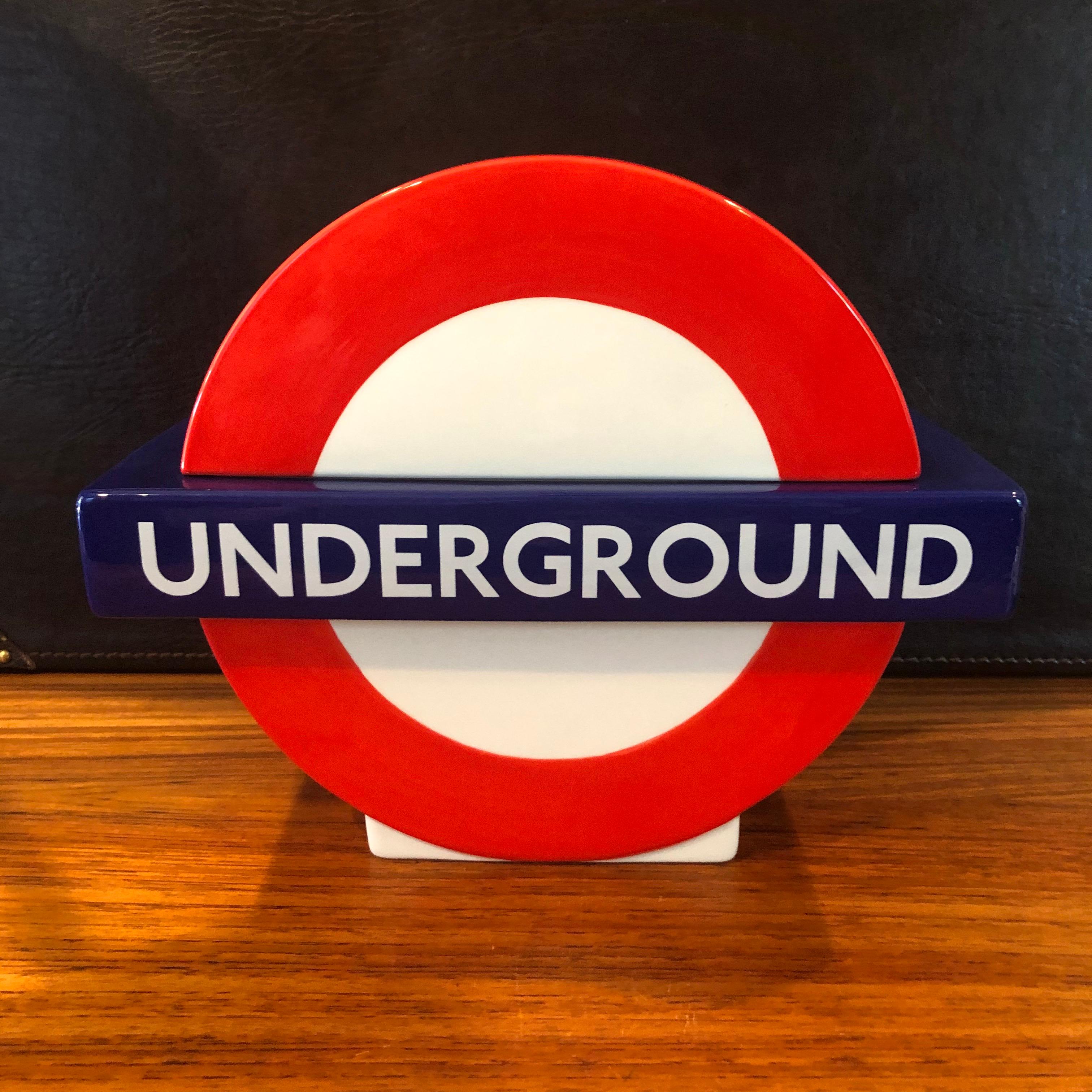 A very cool and hard to find London, England Underground ceramic cookie jar, circa 1980s. The piece is in excellent condition with no chips, cracks or crazing.