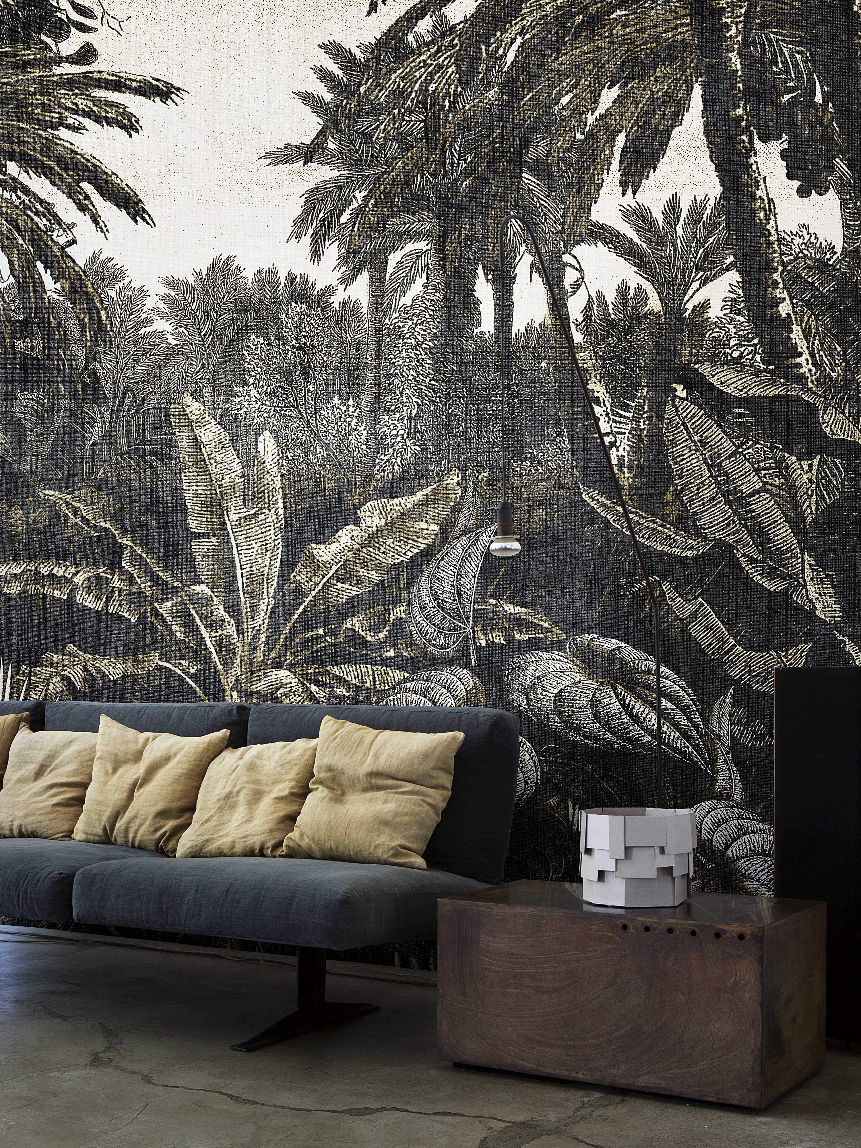 A hand-drawn tropical wallpaper with intricate details and a subtle pattern like a textured incision that give the leaves a realistic look. The vegetation envelops the viewer, creating a distinctive wall with intense beauty and a clean and fresh