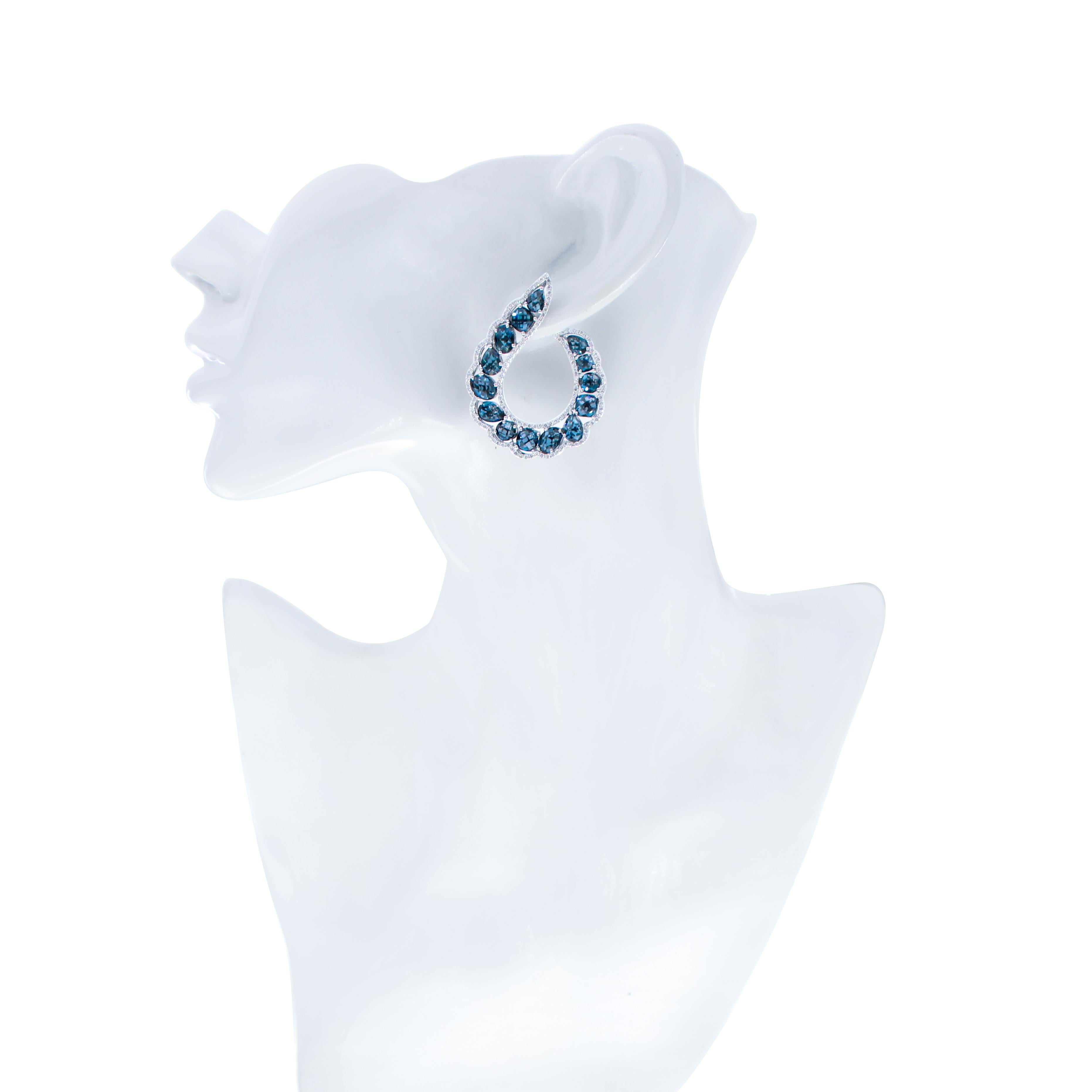 Women's Londonn Blue Topaz and Diamond Studded Earring in 14 Karat White Gold  For Sale