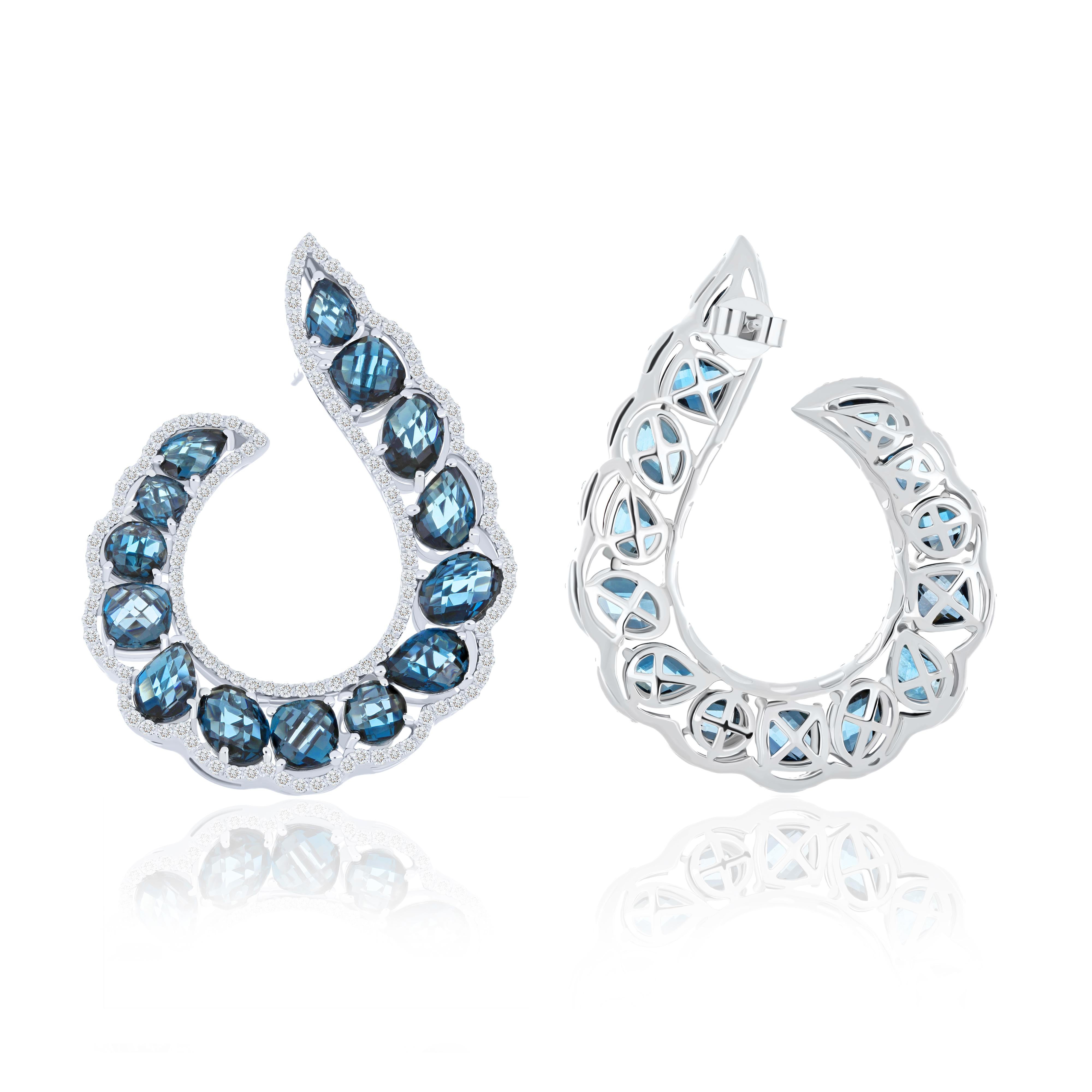 Mixed Cut Londonn Blue Topaz and Diamond Studded Earring in 14 Karat White Gold  For Sale