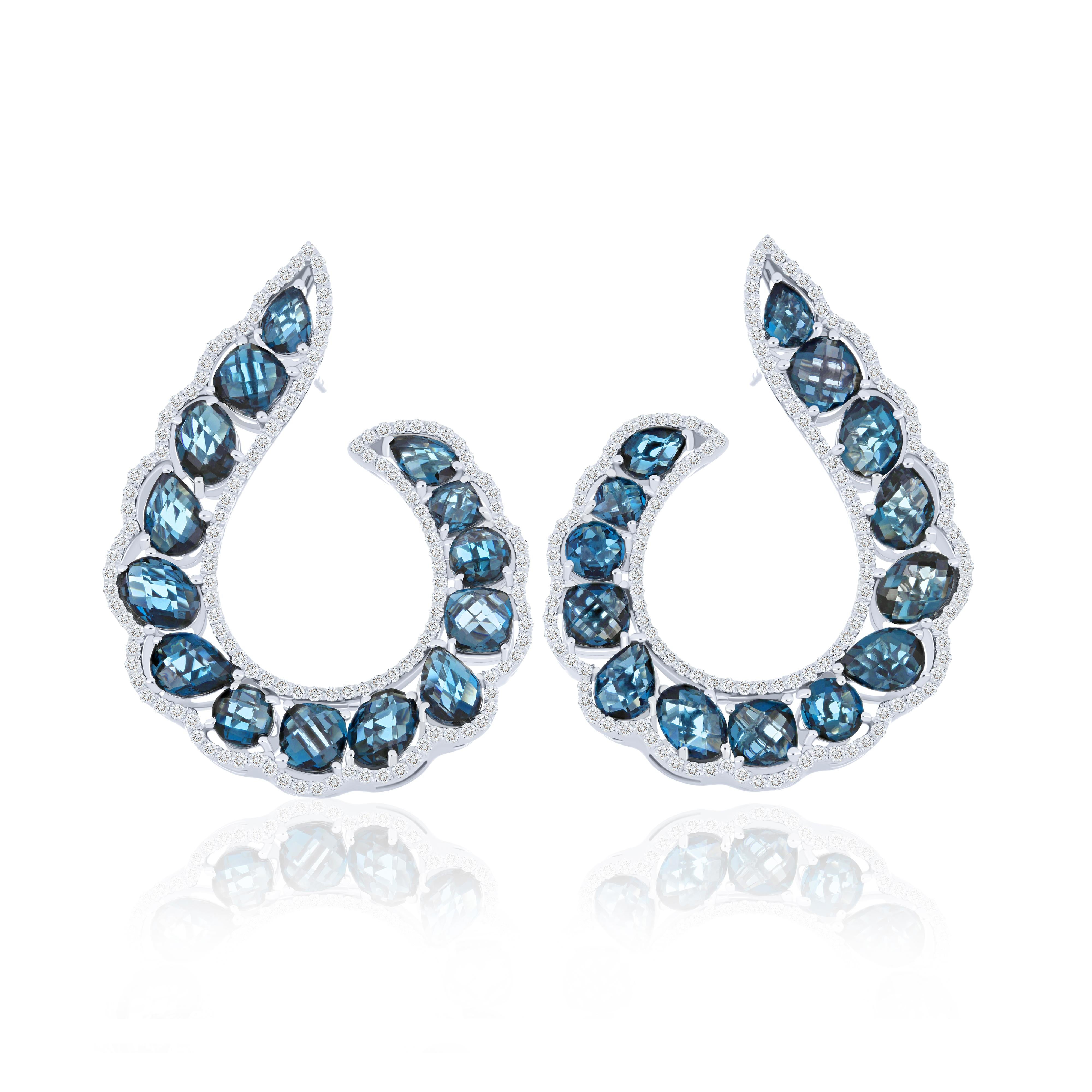 Londonn Blue Topaz and Diamond Studded Earring in 14 Karat White Gold  For Sale