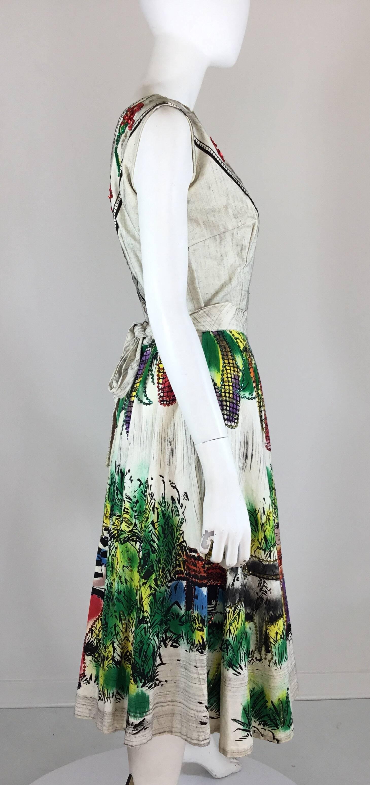 Gray Londy of Mexico 1950s Vintage Hand-Painted Skirt Top Ensemble
