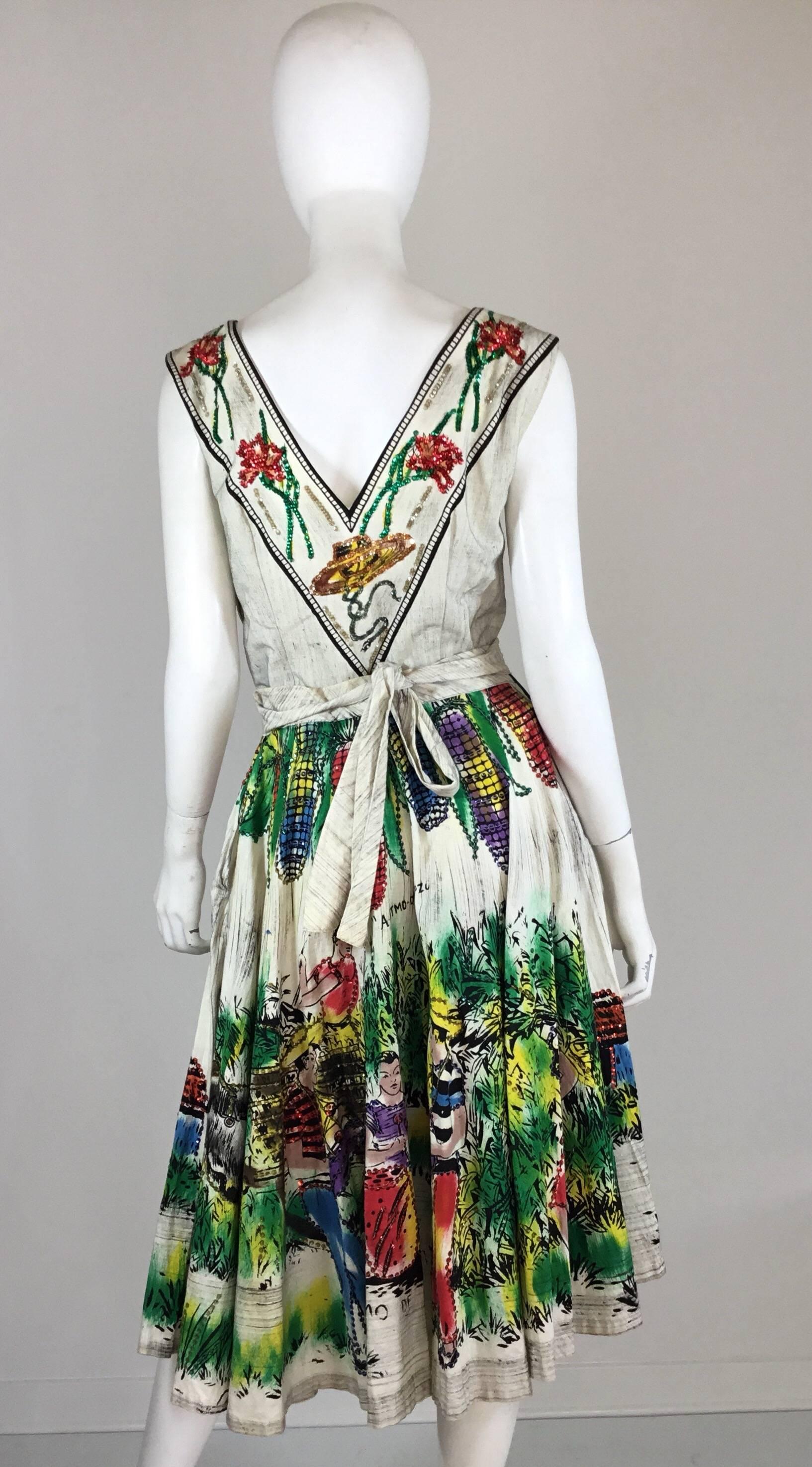 Londy of Mexico 1950s Vintage Hand-Painted Skirt Top Ensemble In Excellent Condition In Carmel, CA