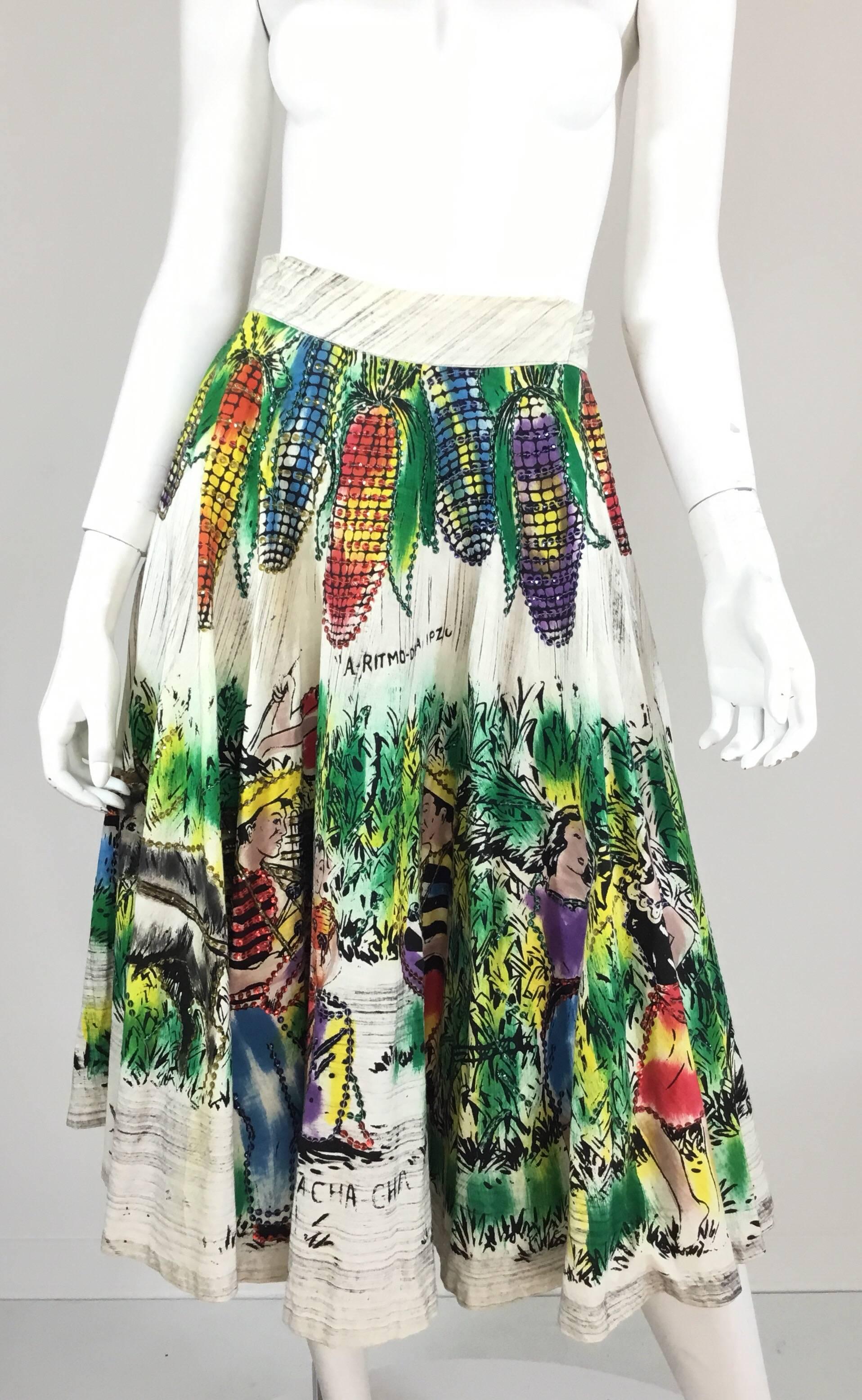 Women's Londy of Mexico 1950s Vintage Hand-Painted Skirt Top Ensemble