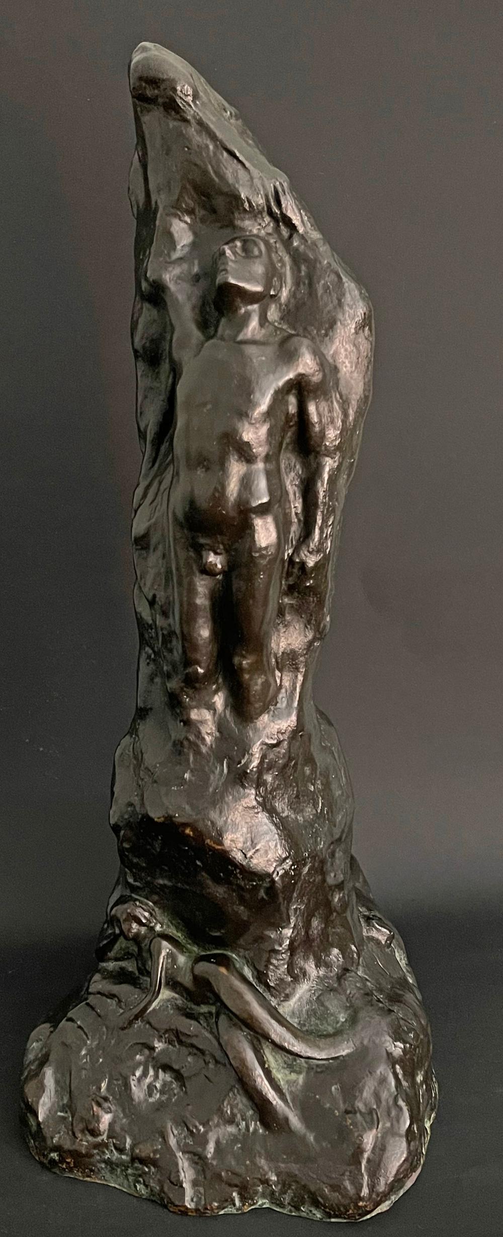 Clearly showing the influence of Auguste Rodin and the Art Nouveau movement, this remarkable bronze was sculpted by David Edstrom, a Swedish American artist. Here, a nude male figure is perched on the edge of a cliff, looking heavenward as a nude