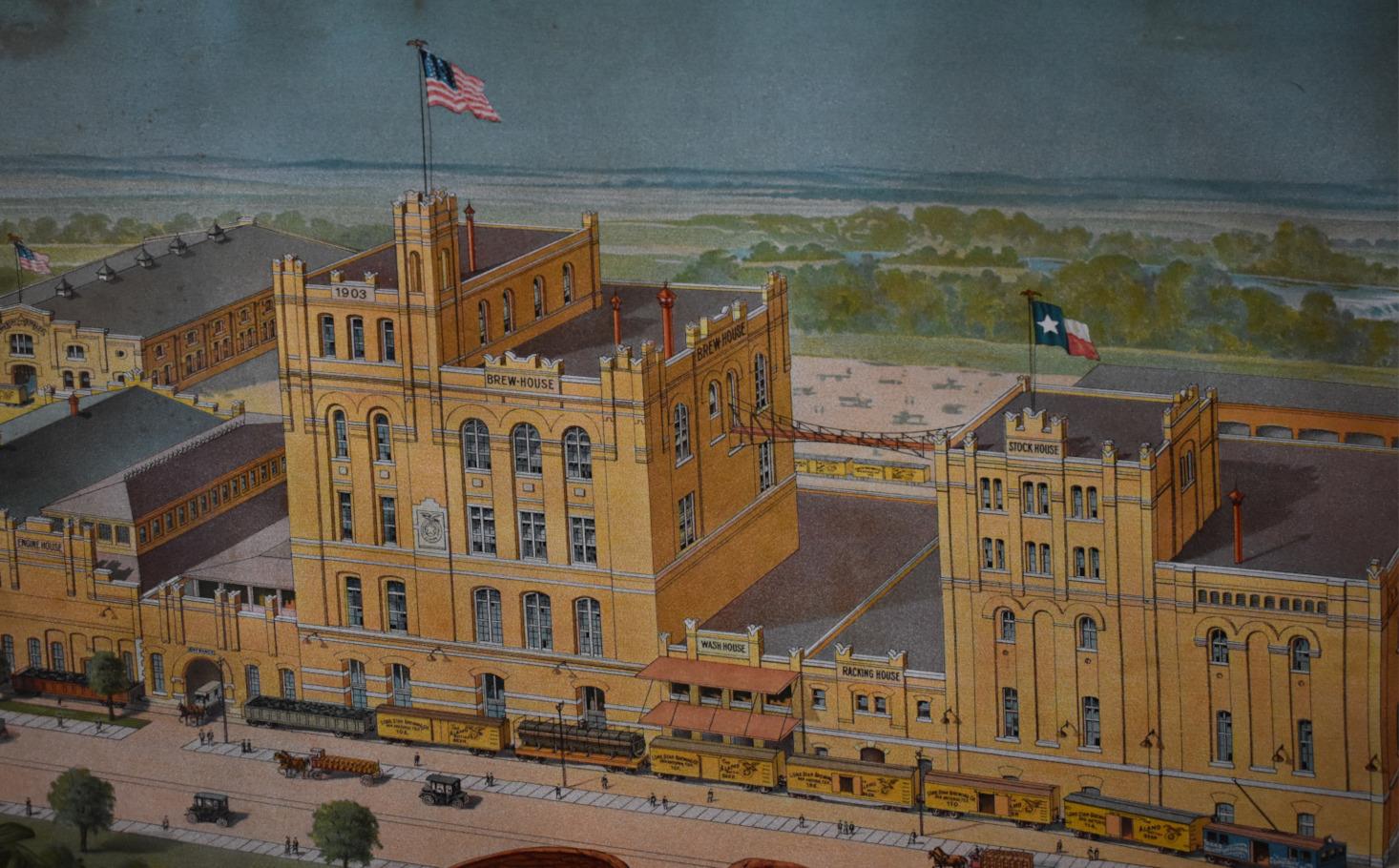 LONE STAR BEER BREWERY CHROMOLITHOGRAPH. DATED 1903 LARGE SAN ANTONIO TEXAS BEER - Black Landscape Print by LONE STAR BEER TEXAS 1903 LITHOGRAPH