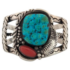 Lone Star  Vintage Handmade Sterling Silver Cuff Bracelet with Turquoise