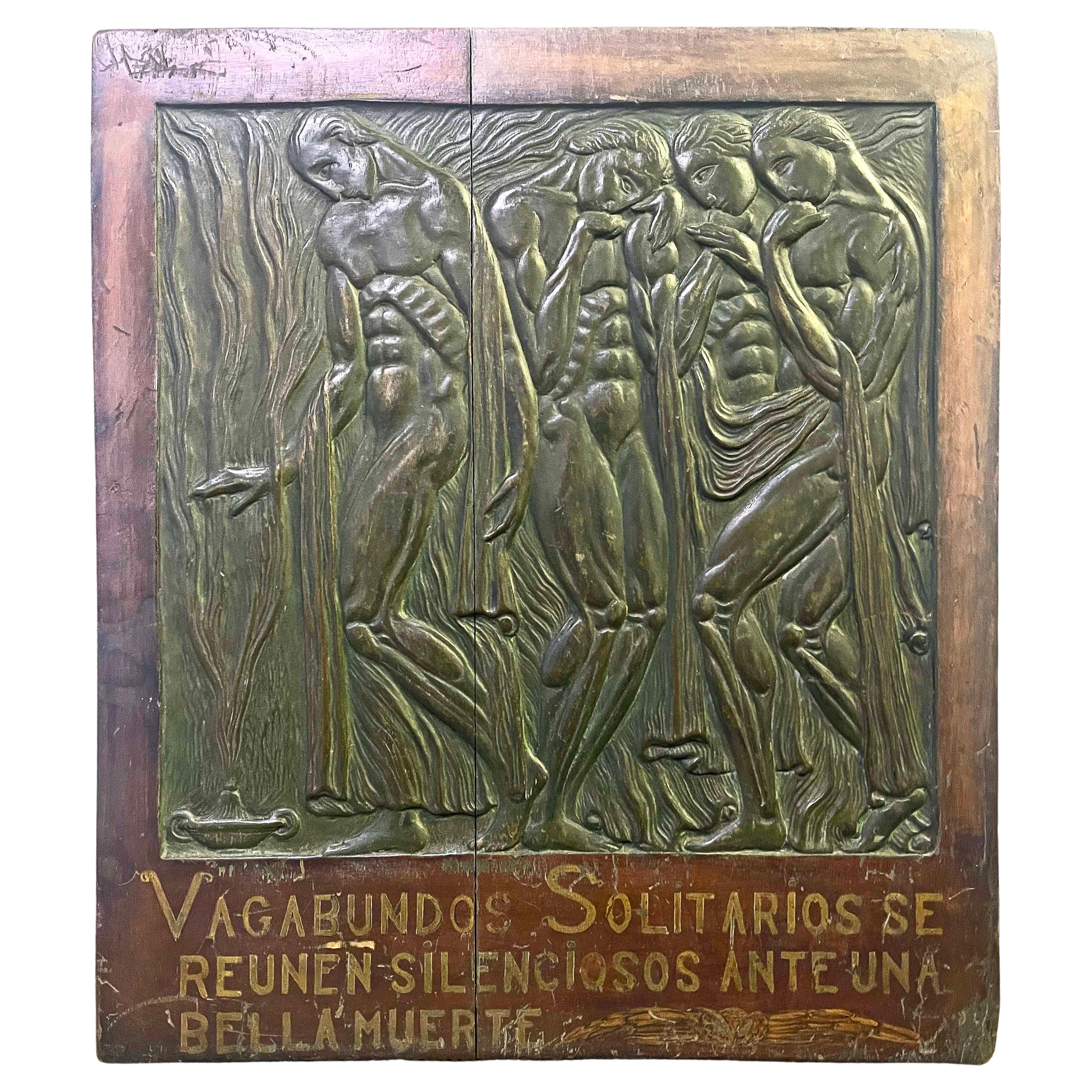 "Lonely Wanderers Gather Silently", Symbolist-Art Deco Sculptural Relief For Sale