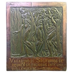 Antique "Lonely Wanderers Gather Silently", Symbolist-Art Deco Sculptural Relief