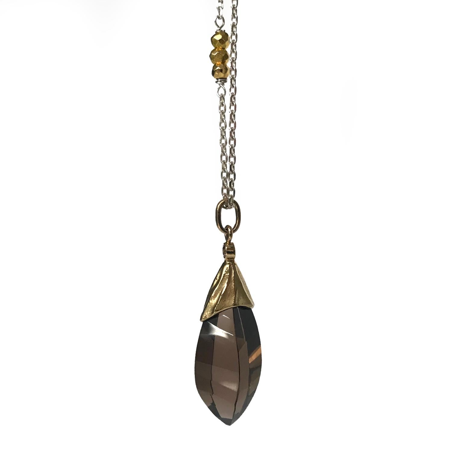 Contemporary Long 14 Karat Yellow Gold Faceted Smokey Quartz Pendant with Brown Diamond For Sale
