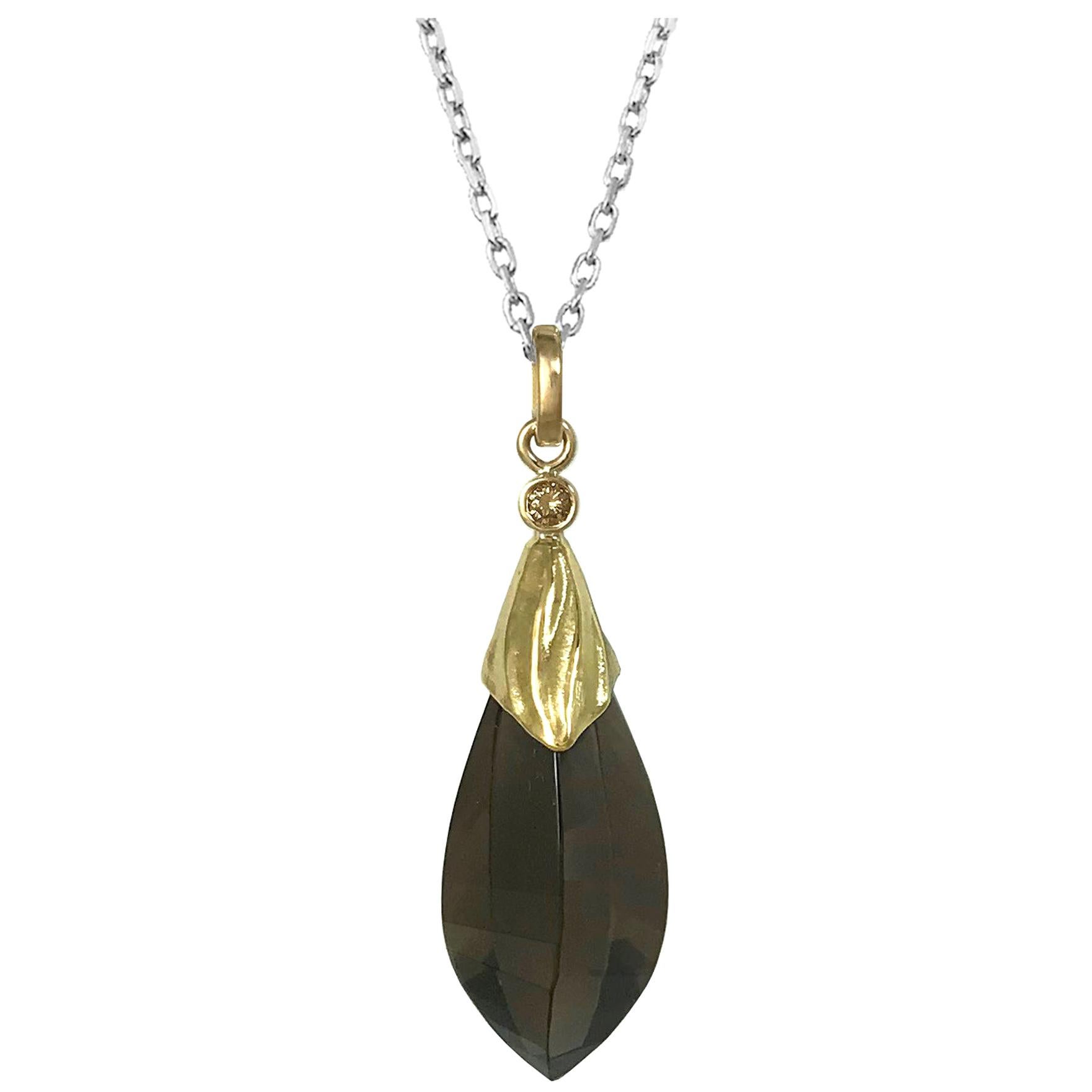 Long 14 Karat Yellow Gold Faceted Smokey Quartz Pendant with Brown Diamond For Sale