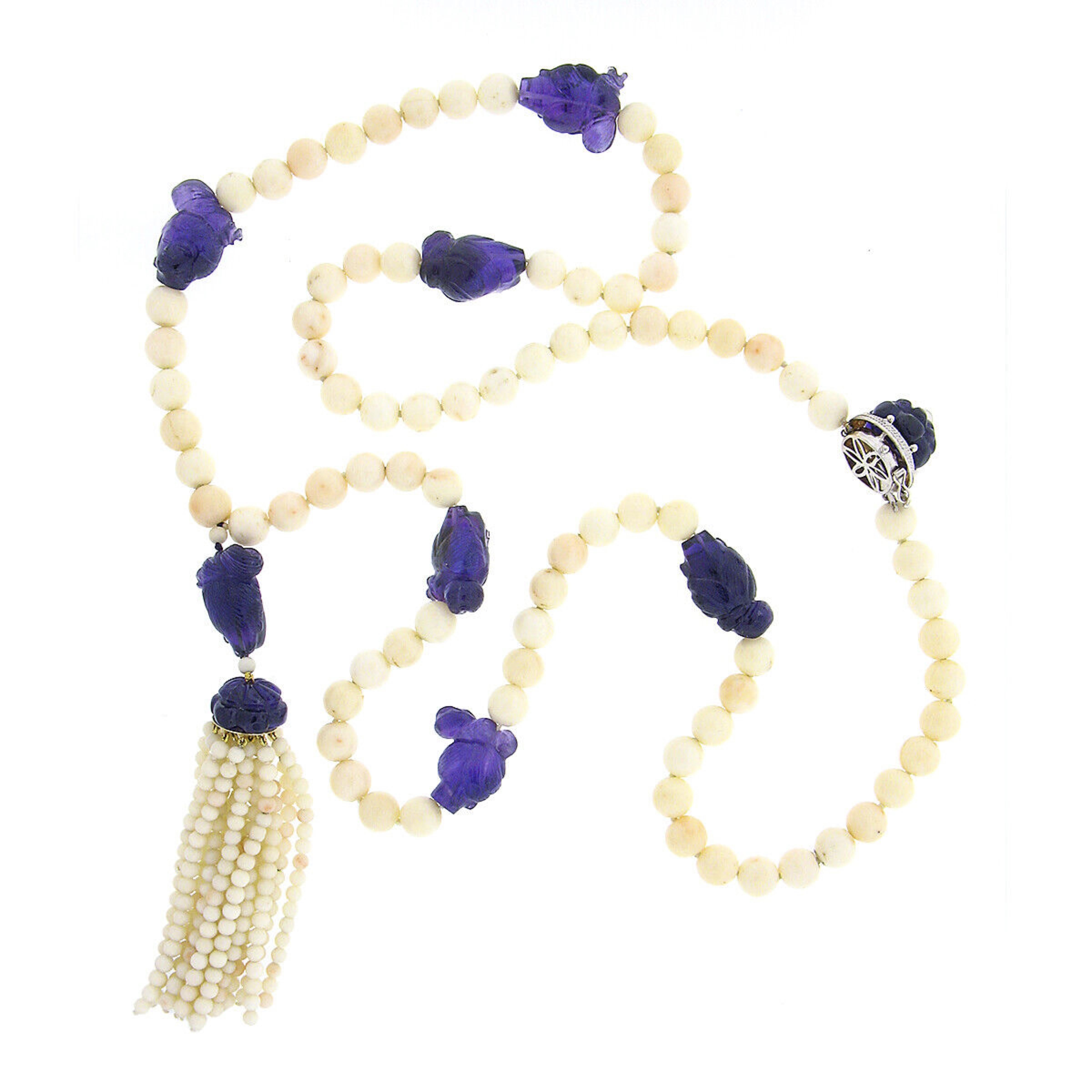 Retro Long 14k Gold GIA Angel Skin Coral Strand Necklace Carved Amethyst Head & Tassel For Sale