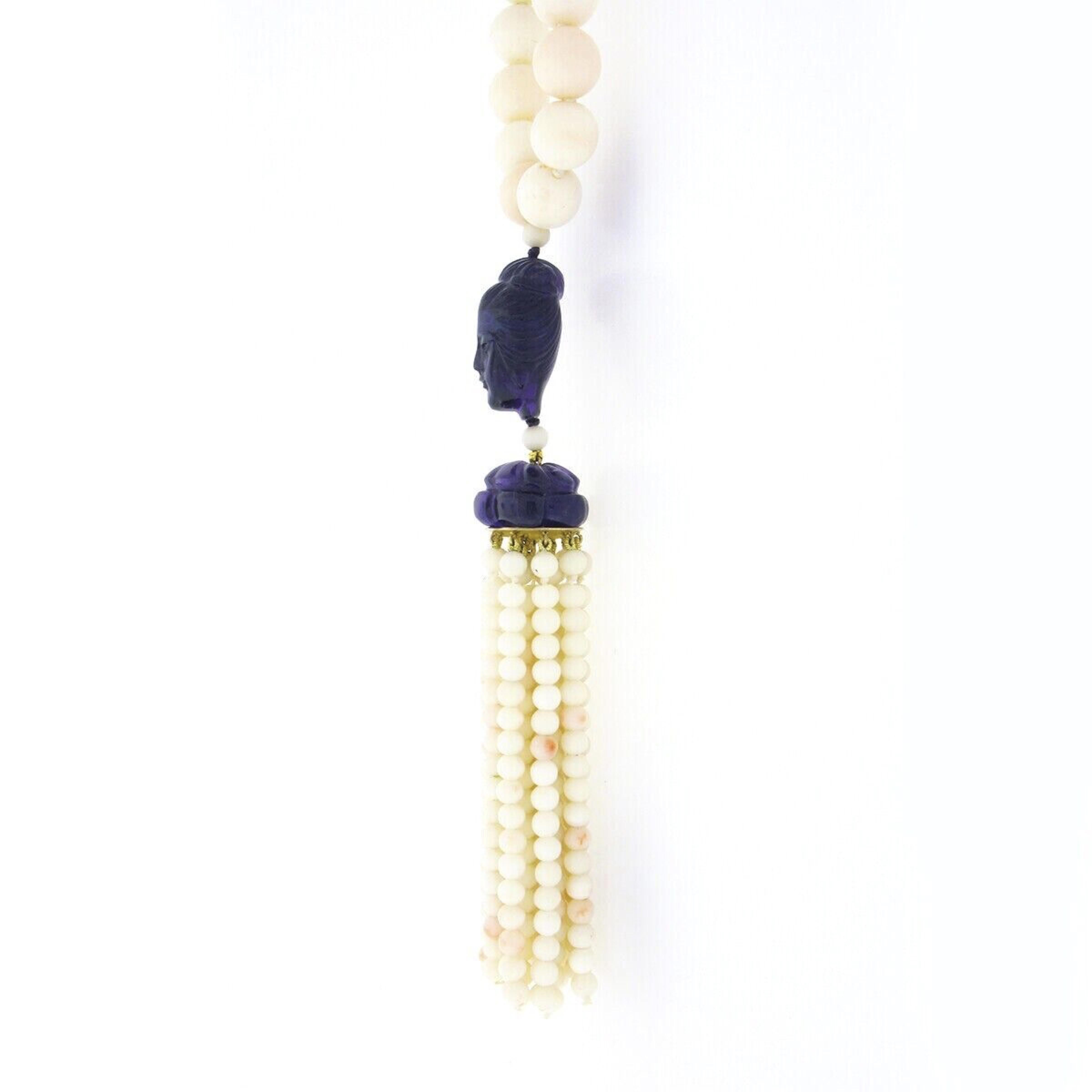 Long 14k Gold GIA Angel Skin Coral Strand Necklace Carved Amethyst Head & Tassel In Good Condition For Sale In Montclair, NJ