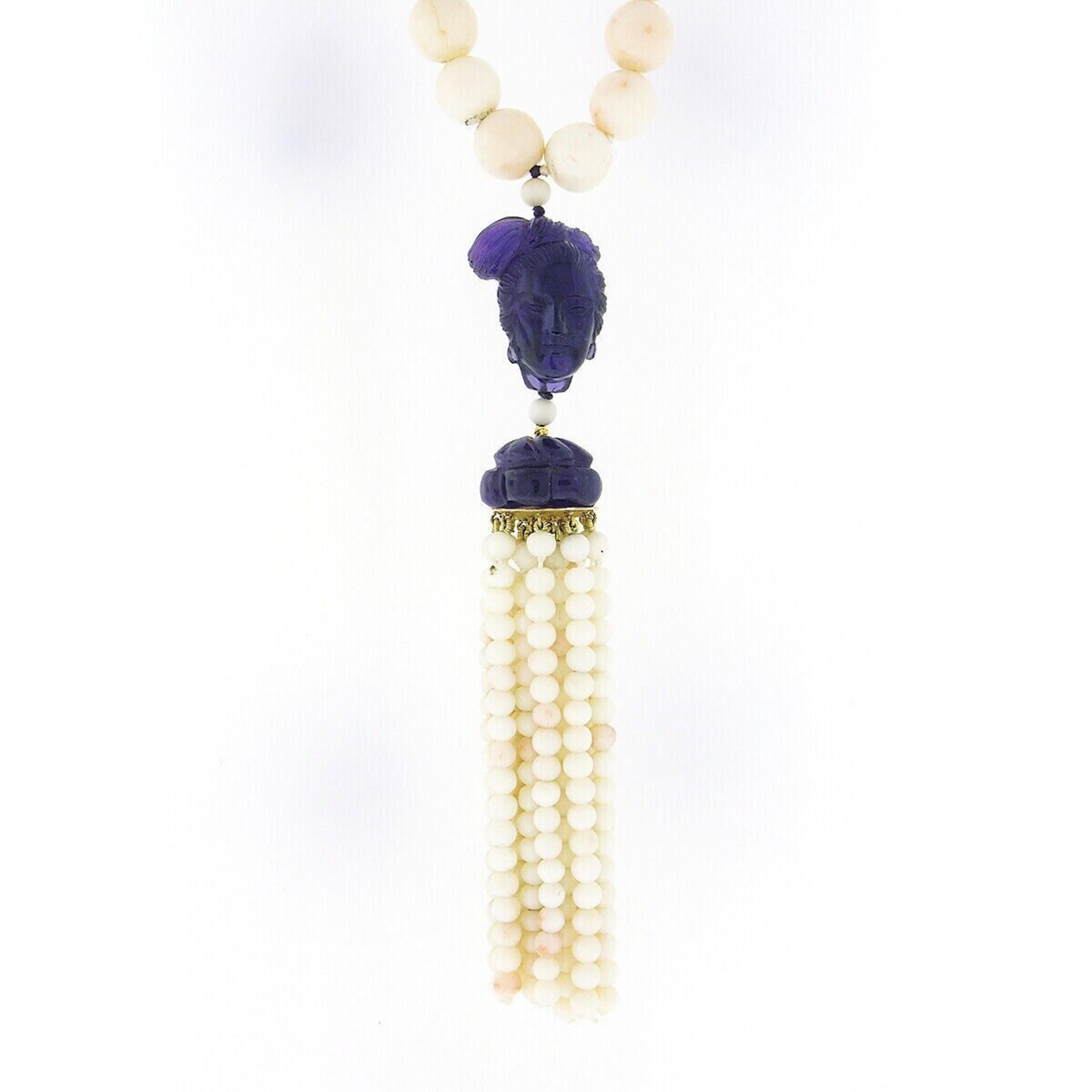 Long 14k Gold GIA Angel Skin Coral Strand Necklace Carved Amethyst Head & Tassel For Sale 1