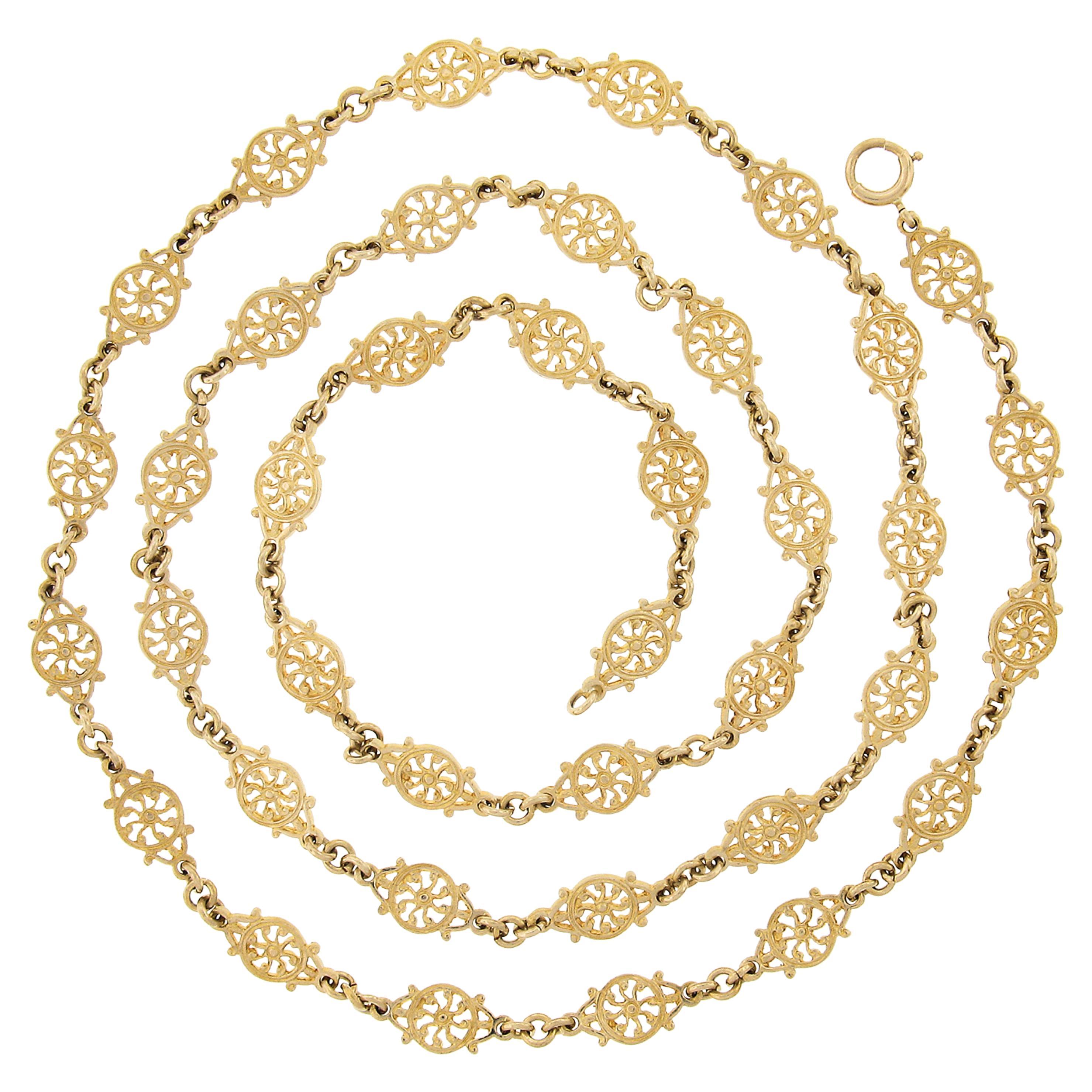 Long 14K Yellow Gold Detailed Textured Round Open Wheel Link Chain Necklace