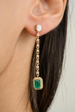 Long 18k Solid Yellow Gold Real Emerald Diamond Dangle Drop Earrings