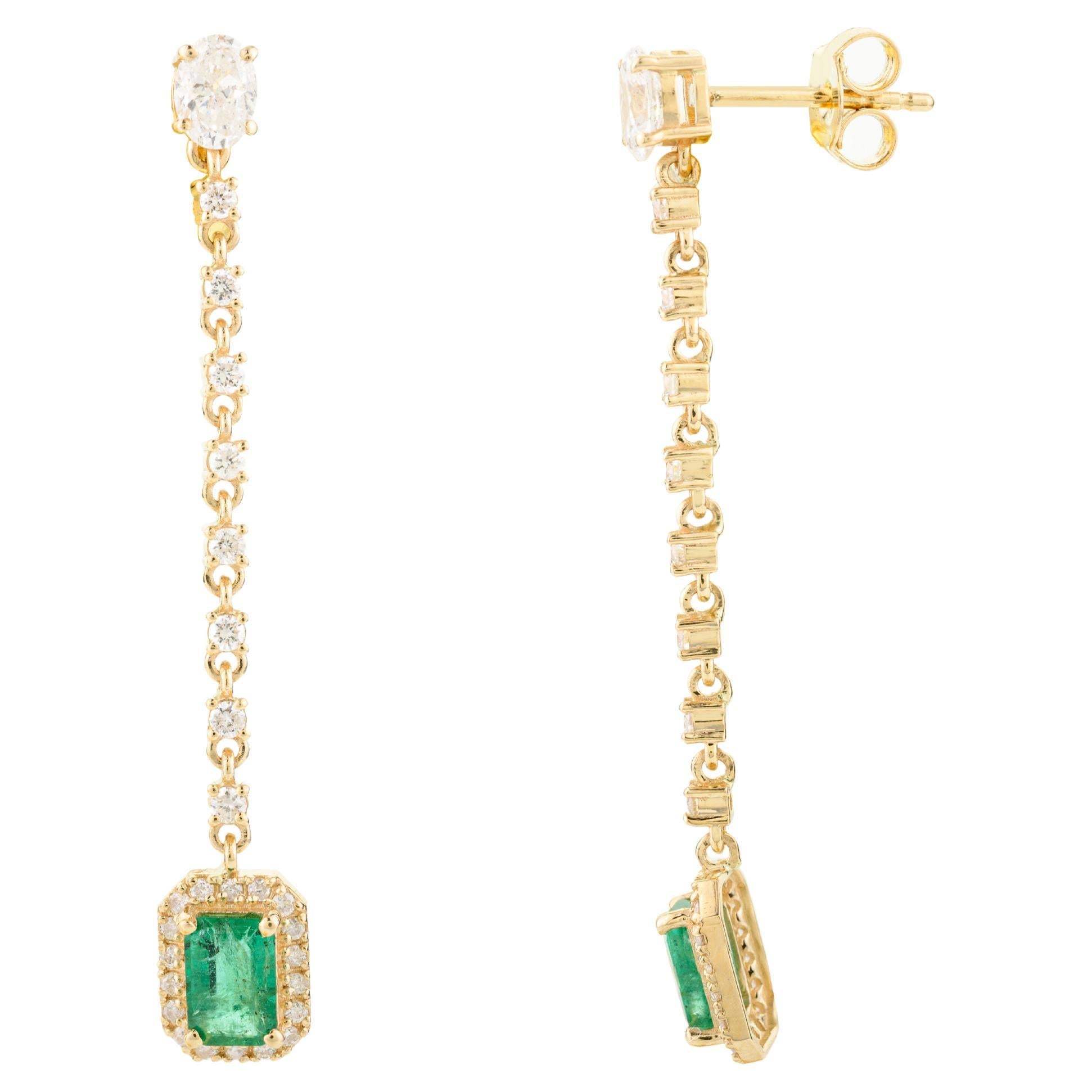 Long 18k Solid Yellow Gold Real Emerald Diamond Dangle Drop Earrings