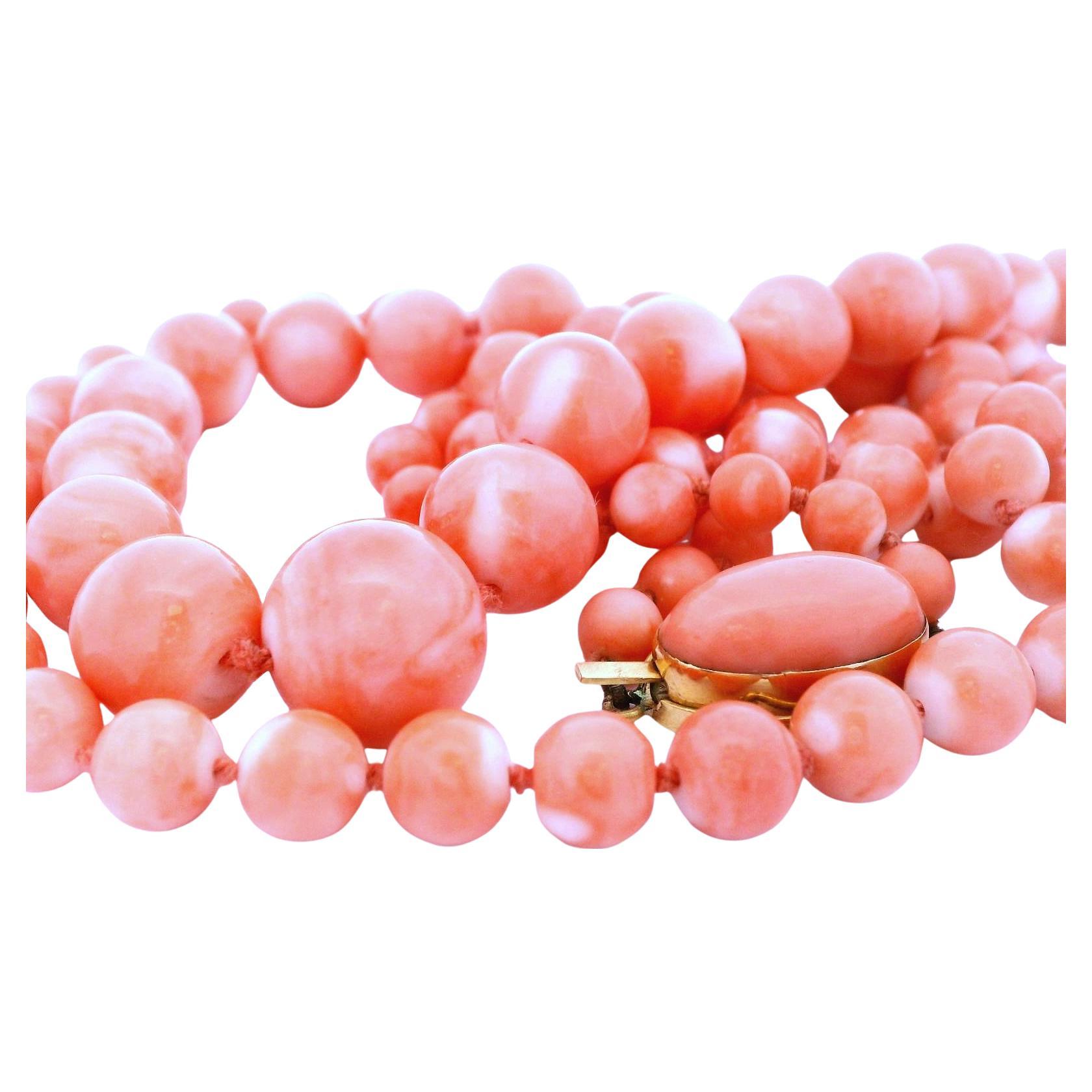 Long 18k Yellow Gold Graduating Coral Bead Necklace