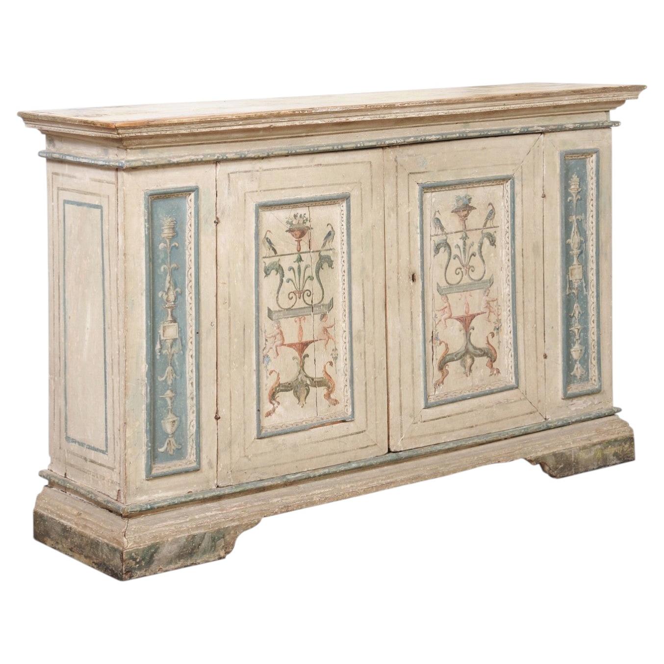 Long 18th Century Italian Painted Credenza with 2 Cabinet Doors
