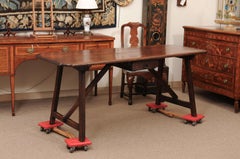 Long 18th Century Italian Walnut Hall Table with Center Drawer and Stretcher