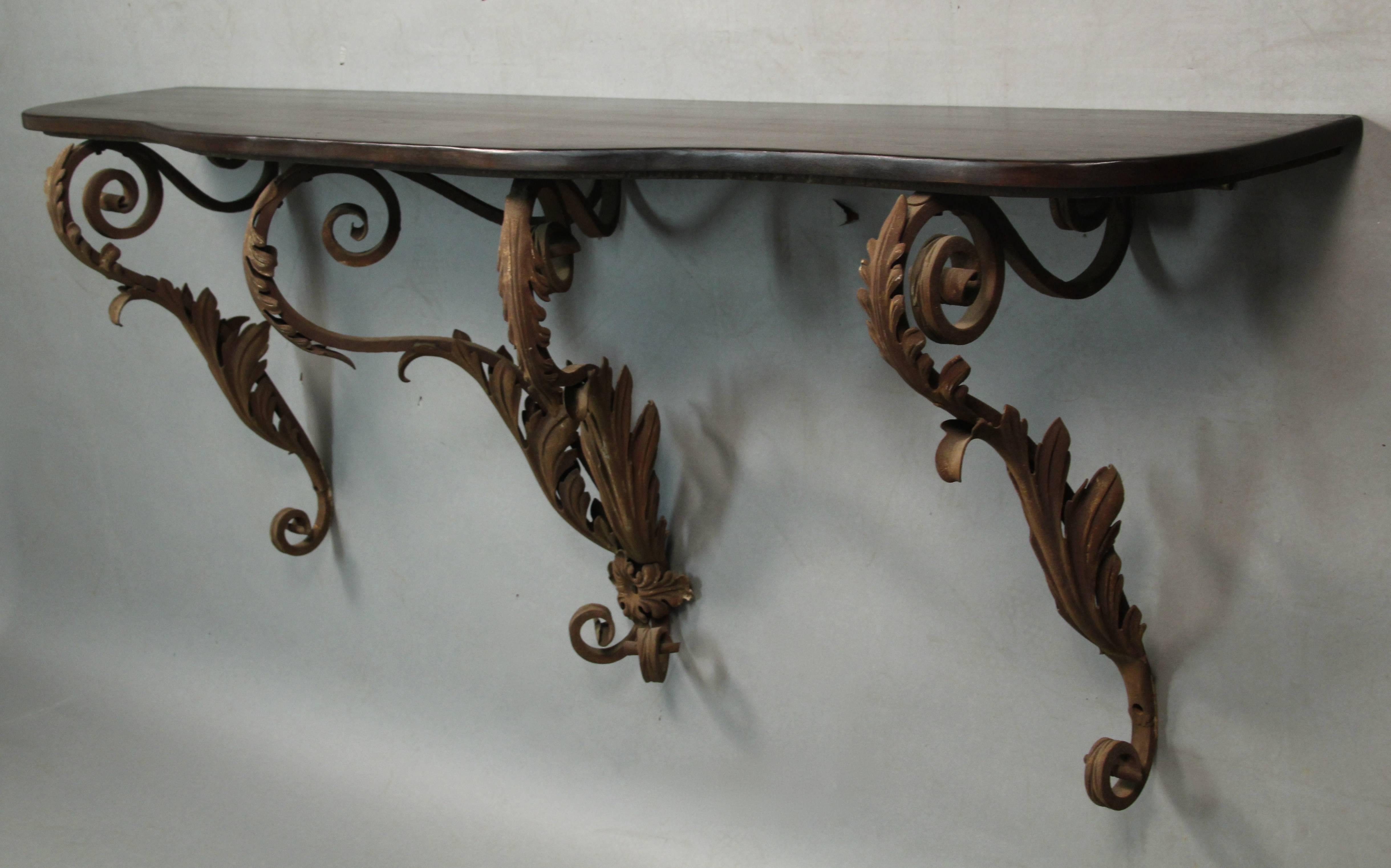 Early 20th Century Long 1920s Wall-Mounted Iron and Wood Console
