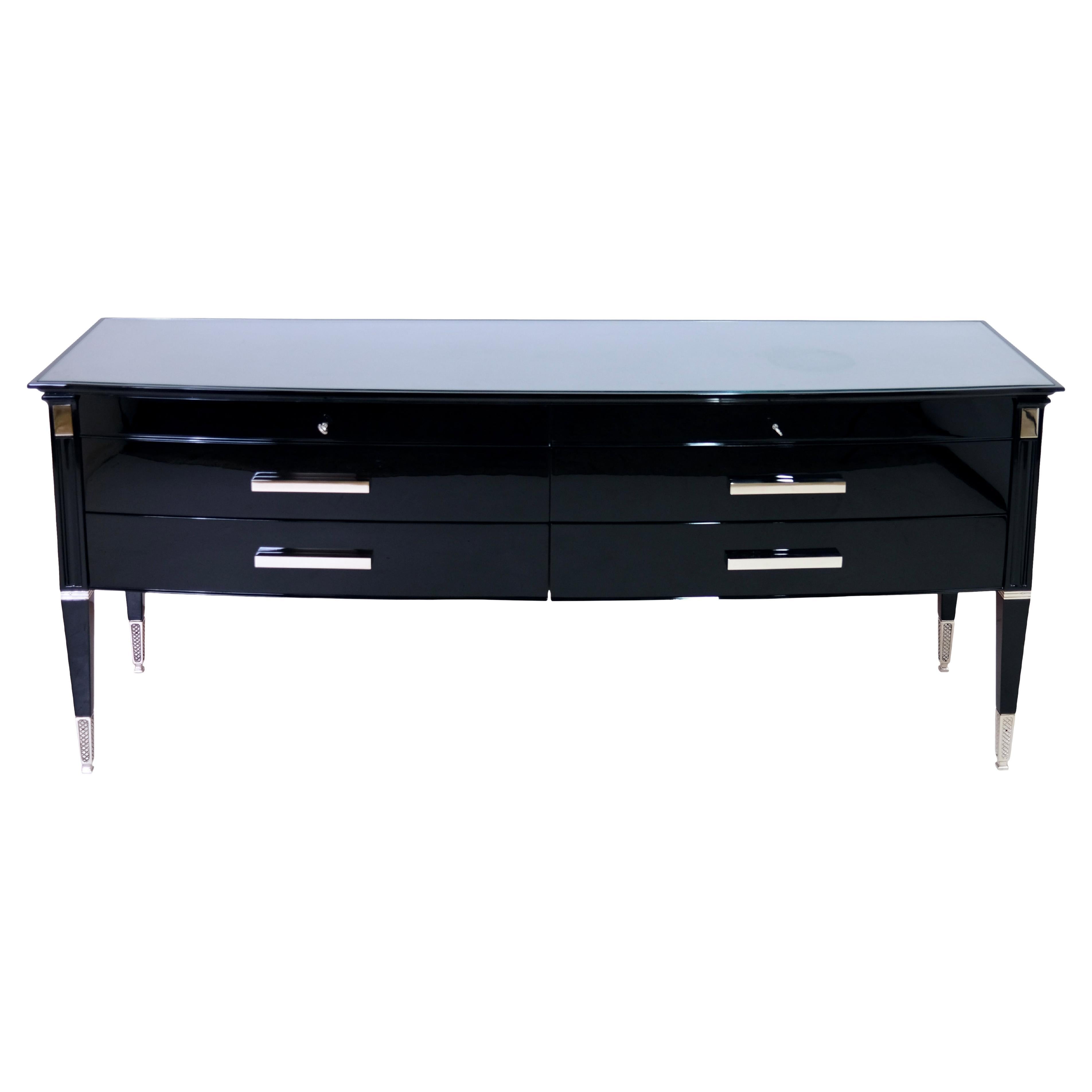 Long 1940s French Art Deco Chest of Drawers in Black Piano Lacquer with Drawers