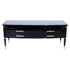 Long 1940s French Art Deco Chest of Drawers in Black Piano Lacquer with Drawers