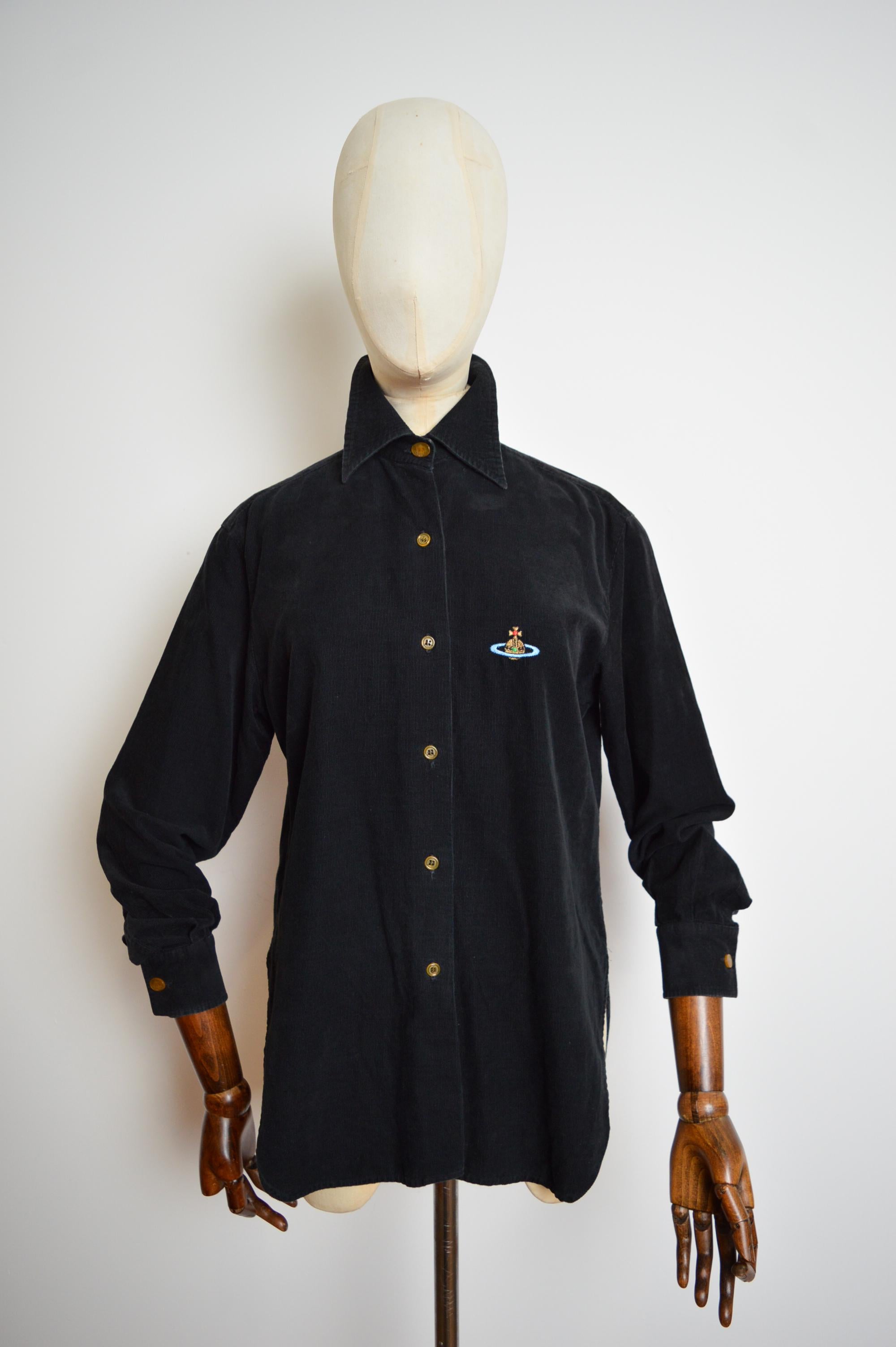 Noir Long 1990's Vivienne Westwood Black Corduroy High Collar Orb Shirt - Chemise en vente