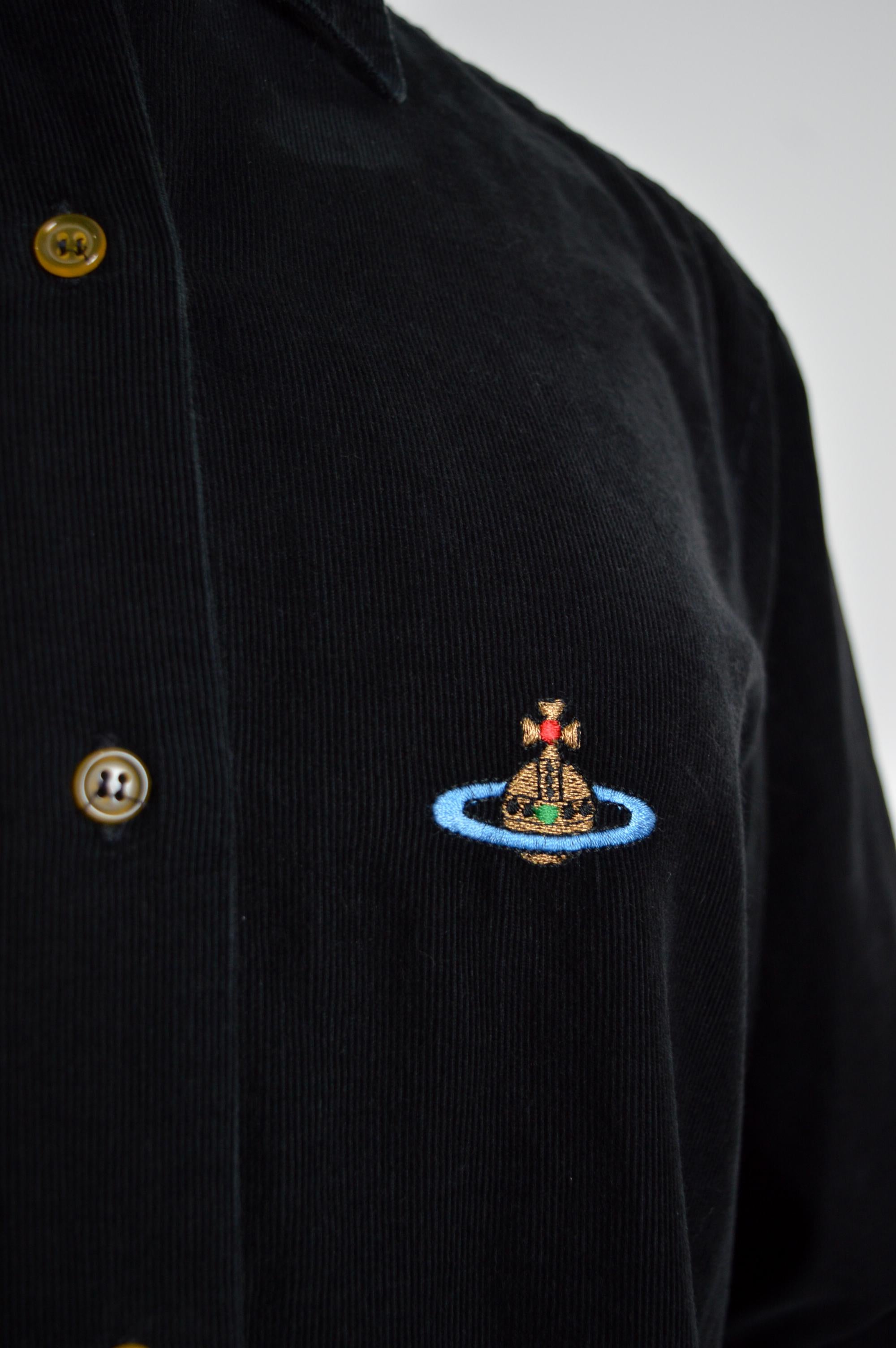 Long 1990's Vivienne Westwood Black Corduroy High Collar Orb Shirt - Chemise Bon état - En vente à Sheffield, GB
