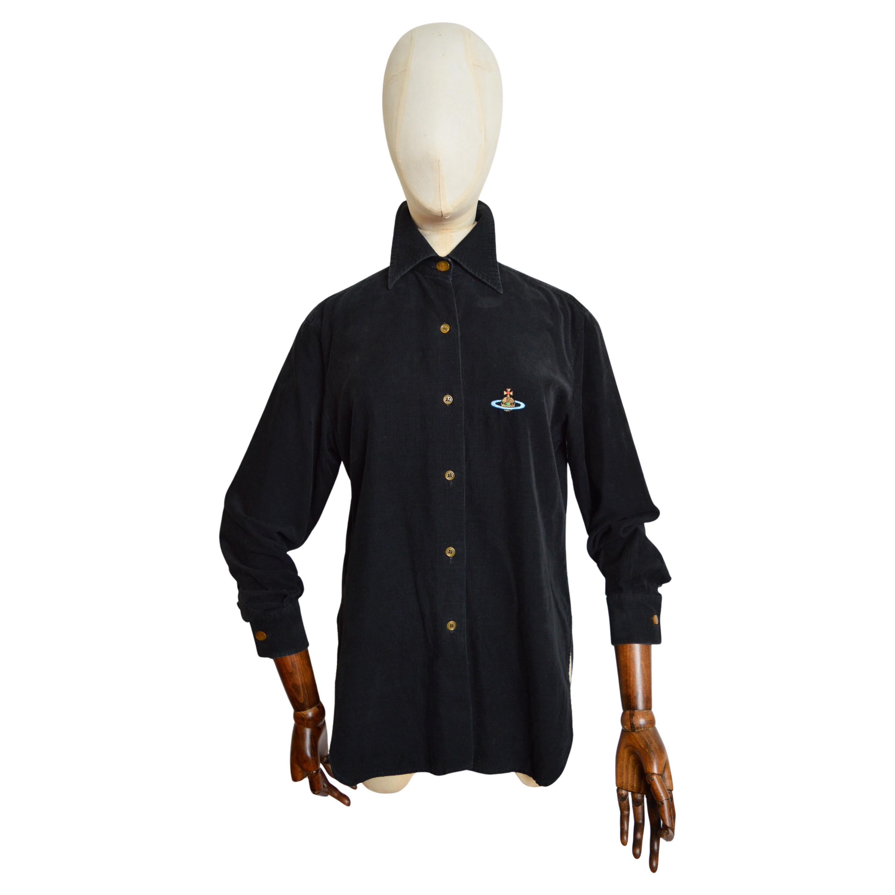 Long 1990's Vivienne Westwood Black Corduroy High Collar Orb Shirt - Chemise en vente