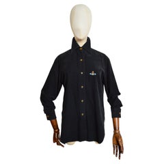 Camicia lunga anni '90 Vivienne Westwood in velluto a coste nero con collo alto - Chemise