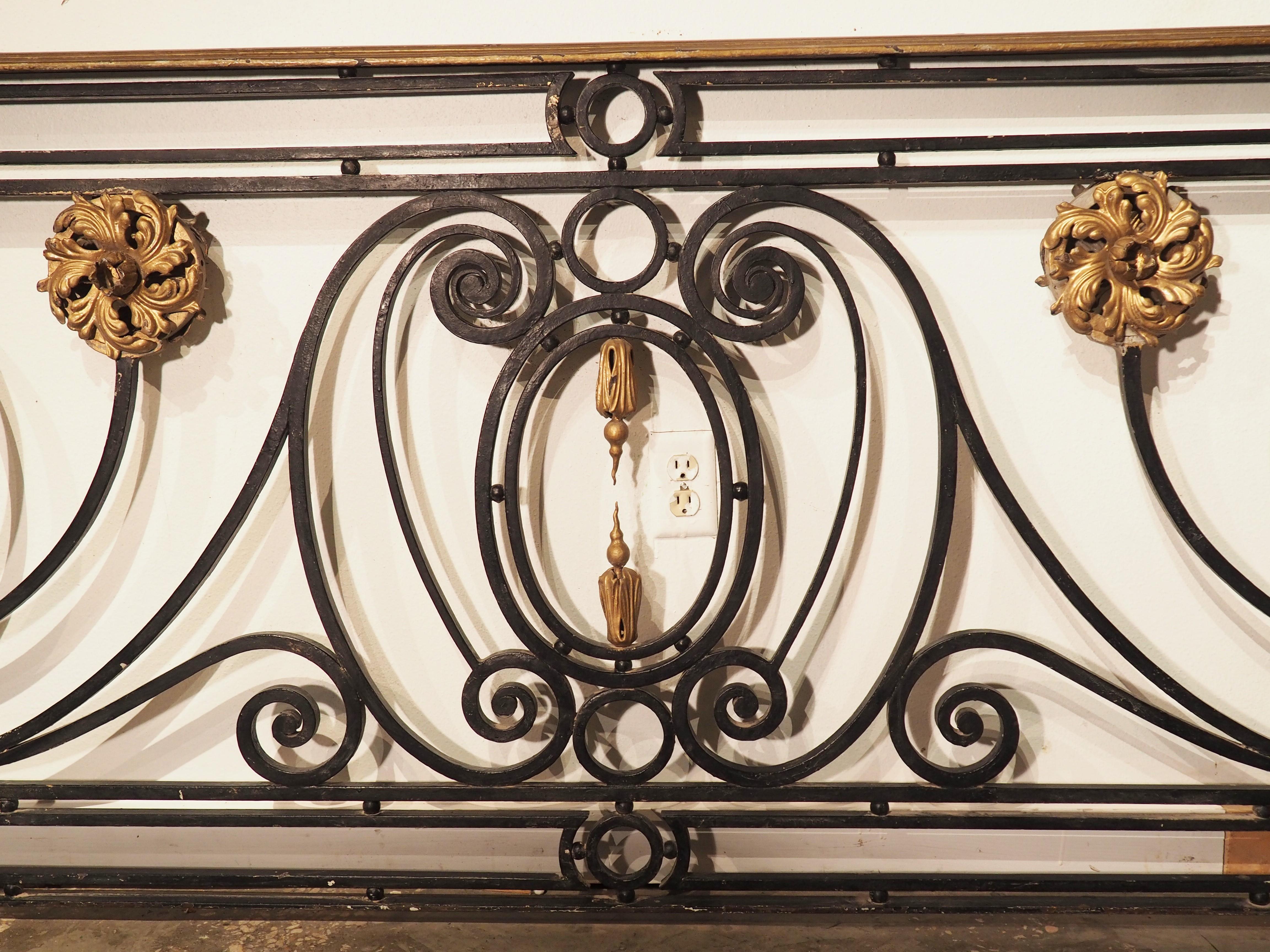 Long 19th Century Wrought Iron Parisian Balcony Grill with Gilt Bronze Highlight For Sale 10