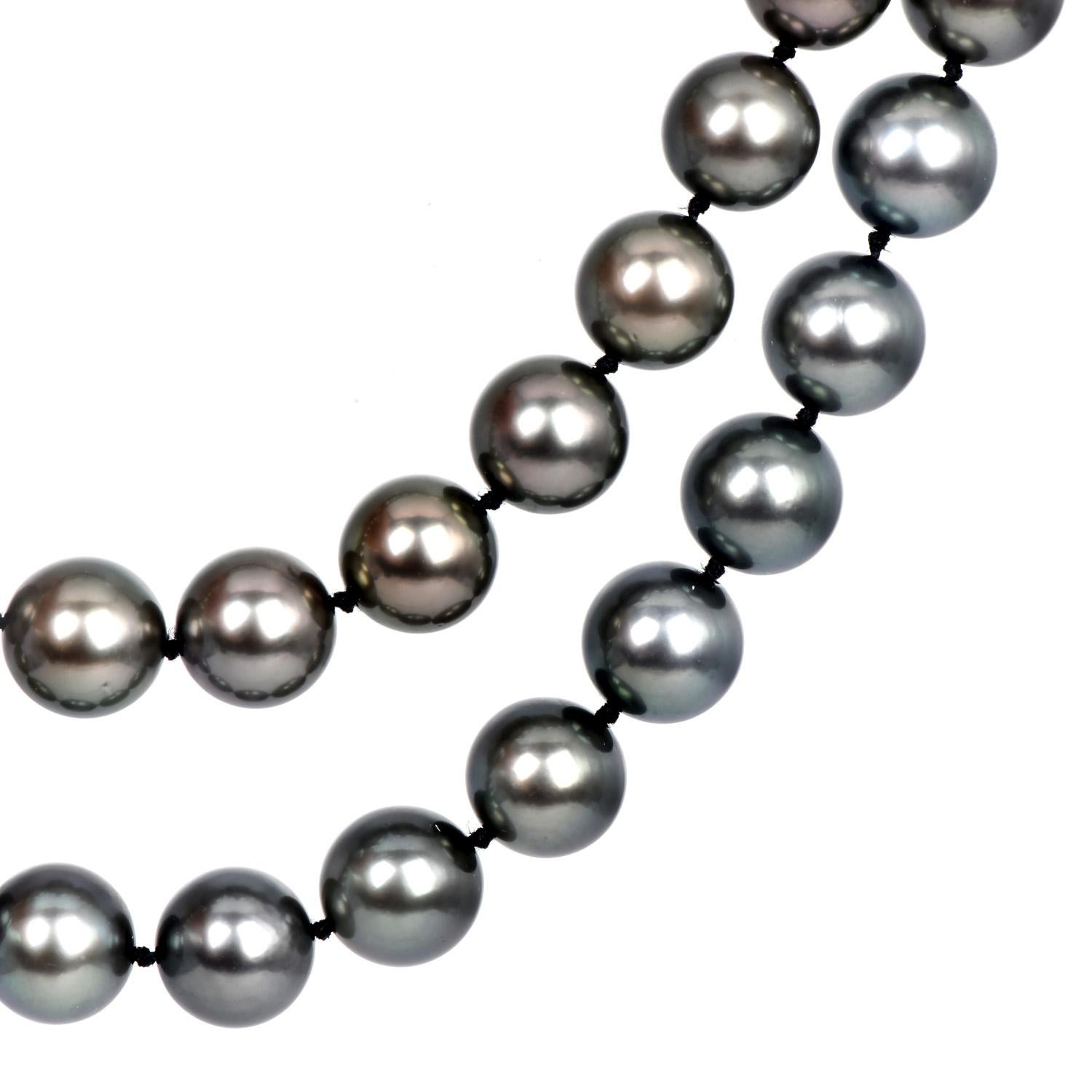 Round Cut Long 36 inches 13-10mm South Sea Pearl Diamond Round Gold Clasp Necklace